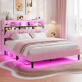 HAUOMS Full Size Bed Frames with Storage Headboard,Power Outlet, Modern Velvet Upholstered Platform Bed LED Bed Frame with 5 Storage Shelves, No Box Spring Needed, Pink