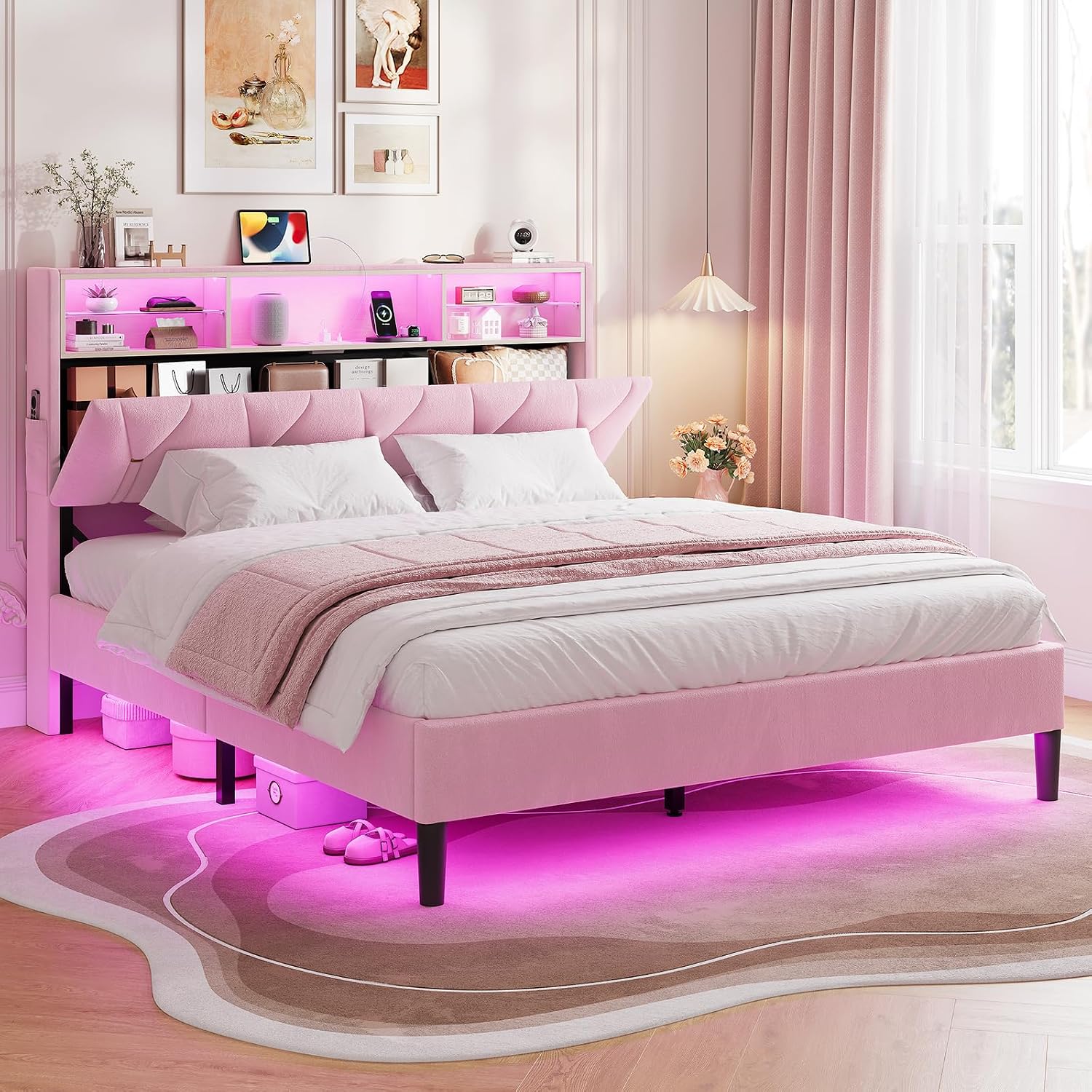 HAUOMS Full Size Bed Frames with Storage Headboard,Power Outlet, Modern Velvet Upholstered Platform Bed LED Bed Frame with 5 Storage Shelves, No Box Spring Needed, Pink