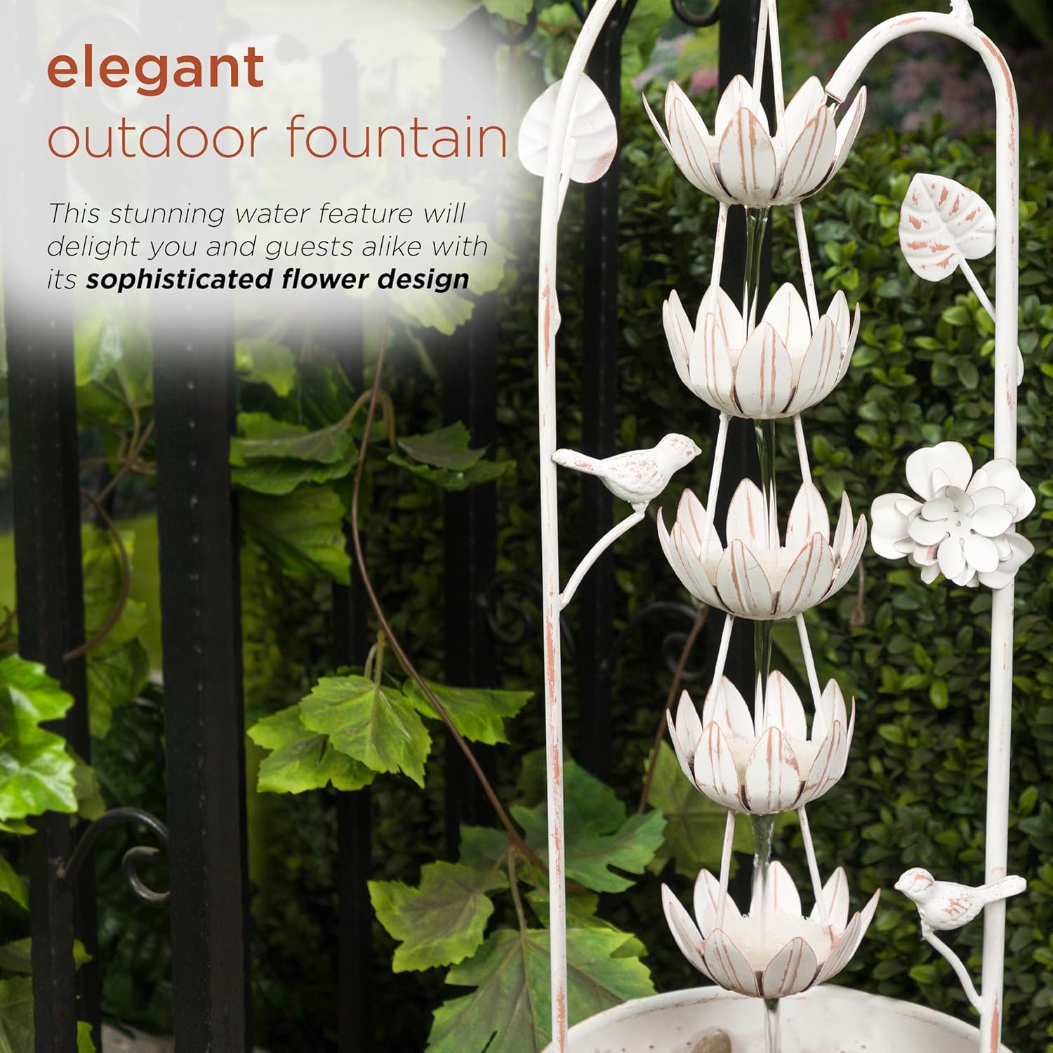 Alpine Corporation 30' Tall Metal Rustic Water Fountain with Decorative Flower, Cascading Waterfall Feature for Gardens, Patios, and Outdoor Decor, White