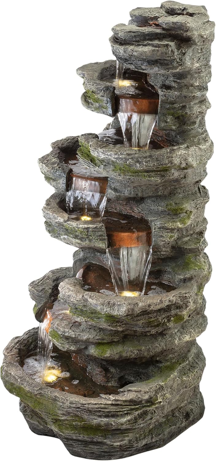 Alpine Corporation WIN1146 Outdoor Floor Cascading 8 Tiered Rock Garden Water Fountain with LED Lights, 58', Gray