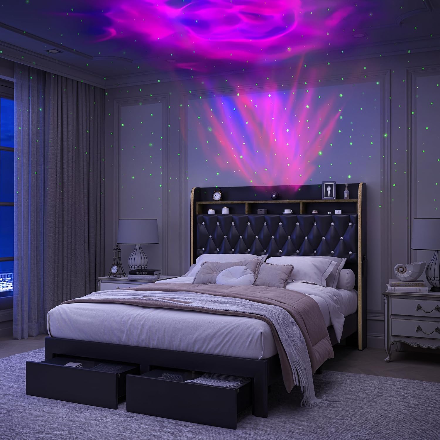 SIBEDS King LED Bed Frame with 2 Storage Drawers, PU Upholstered Platform Beds with Galaxy Star Projector Charging Station Speaker, Aurora Bedframe with 2-Tier Storage Headboard, Noise-Free, Black