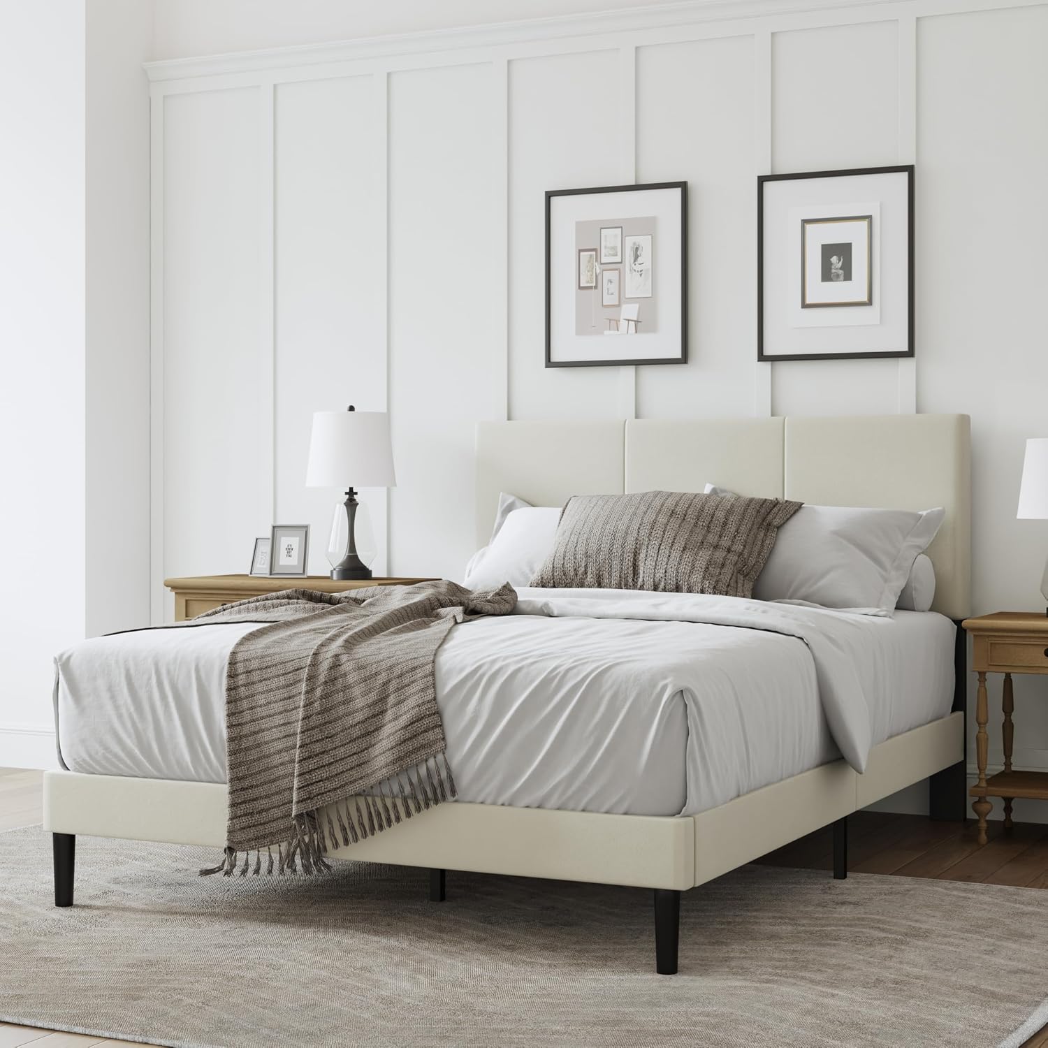 Full Size Bed Frame with Headboard, Velvet Upholstered Platform Bed Frame, Sturdy Slatted Support for Springless Mattresses, Silent Operation, Easy to Assemble, Beige