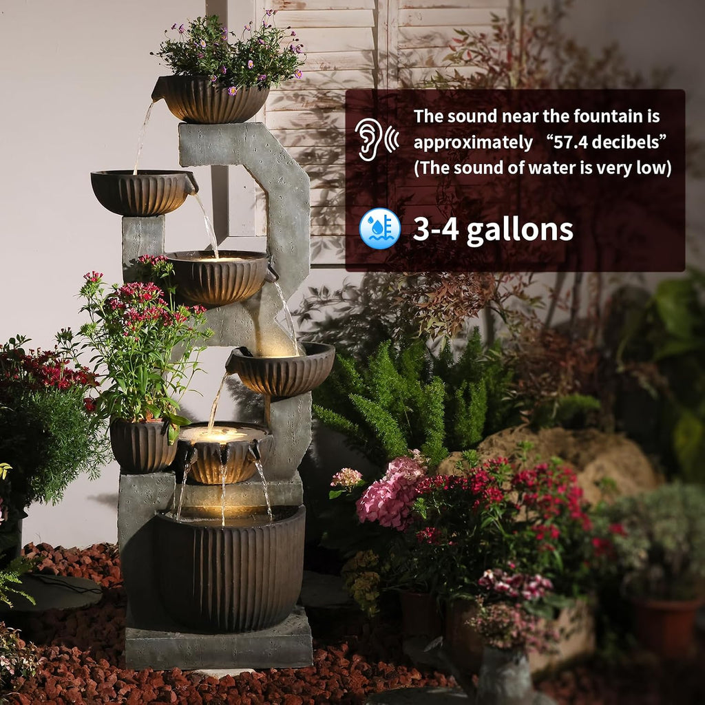 Bumilgar 57'' H Tall Large Outdoor Water Fountain with Planter, 6-Tier Cascading Bowl Water Fountain with LED Lights, Resin Garden Water Feature for Patio, Backyard, Deck, Porch and Yard Décor
