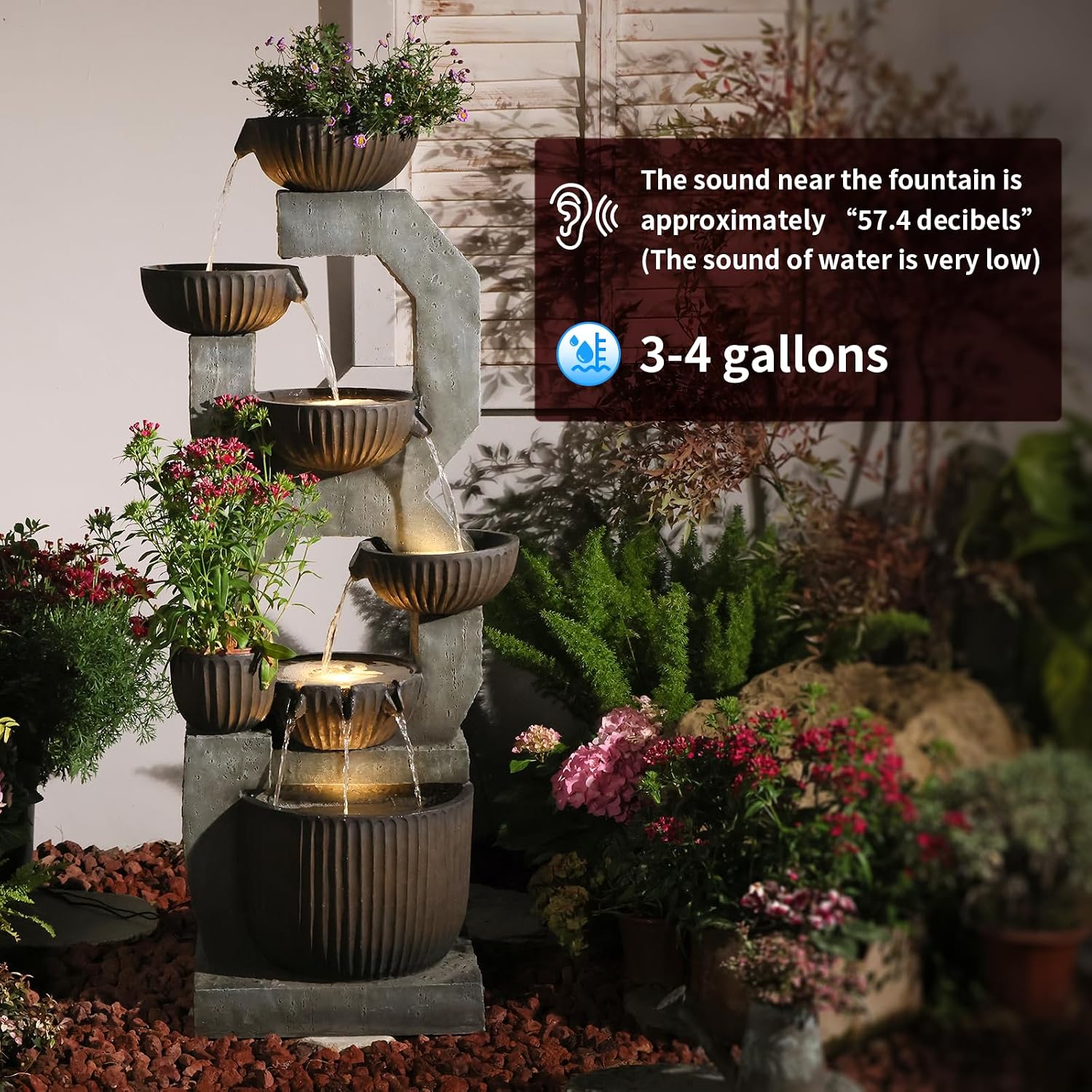 Bumilgar 57'' H Tall Large Outdoor Water Fountain with Planter, 6-Tier Cascading Bowl Water Fountain with LED Lights, Resin Garden Water Feature for Patio, Backyard, Deck, Porch and Yard Décor
