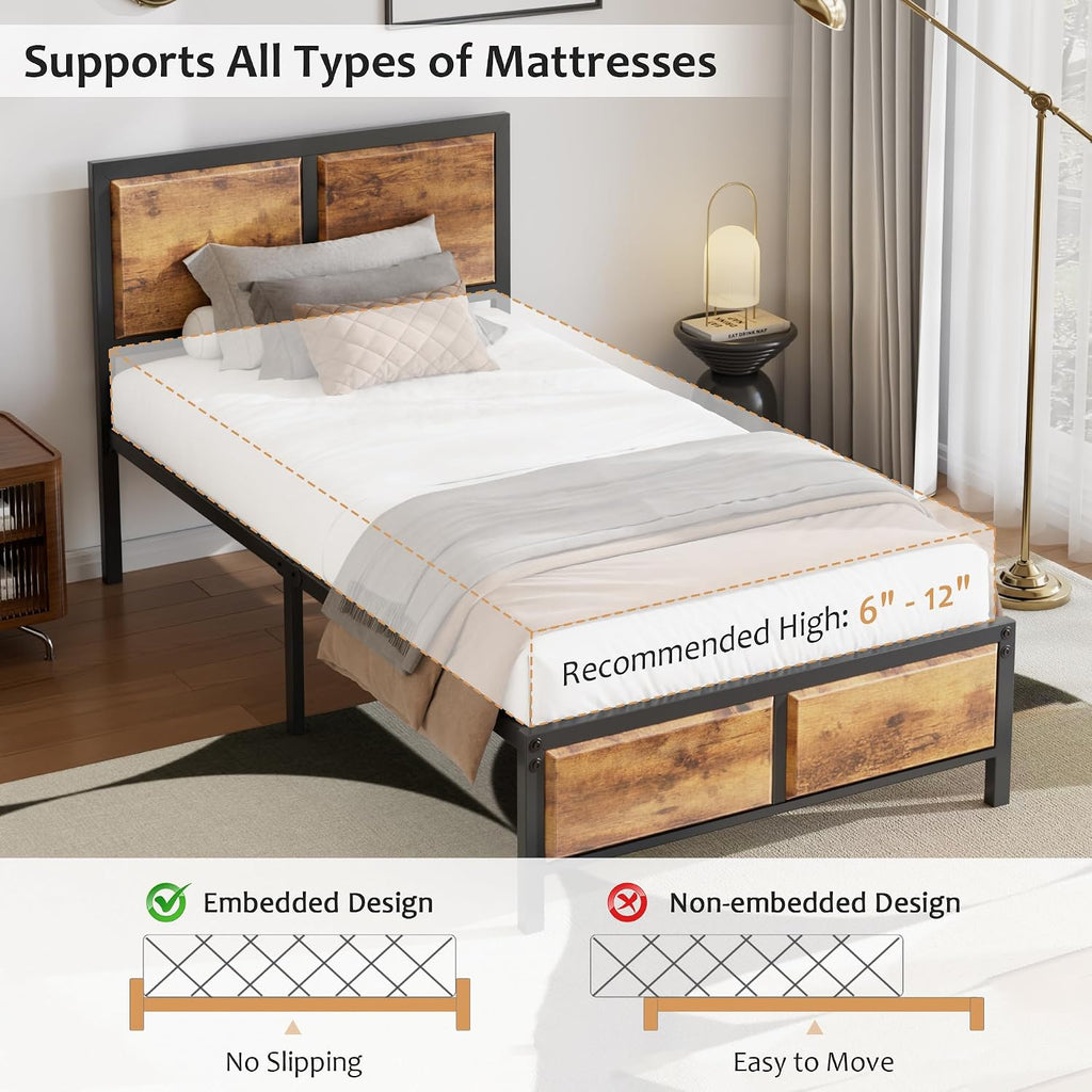 VECELO Twin Bed Frames, Metal Platform Beds with Large Rustic Wooden Headboard, Metal Slats Support, Noise-Free/Easy Assembly, Vintage Brown