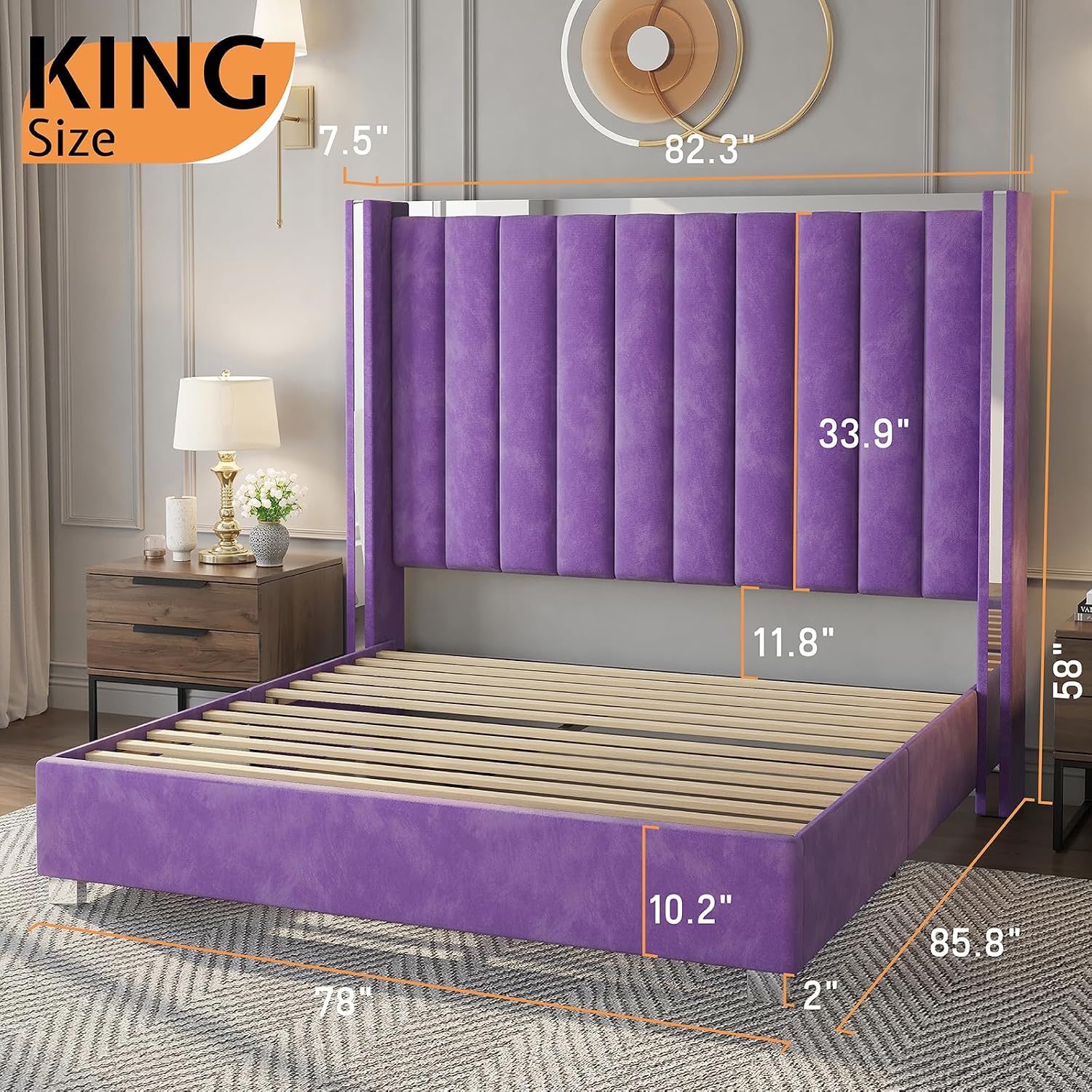 Jocisland King Size Bed Frame with 58' Tall Headboard, Velvet Upholstered Platform Bed with Channel Tufted Wingback Headboard and Plating Trim, No Box Spring Needed, Purple