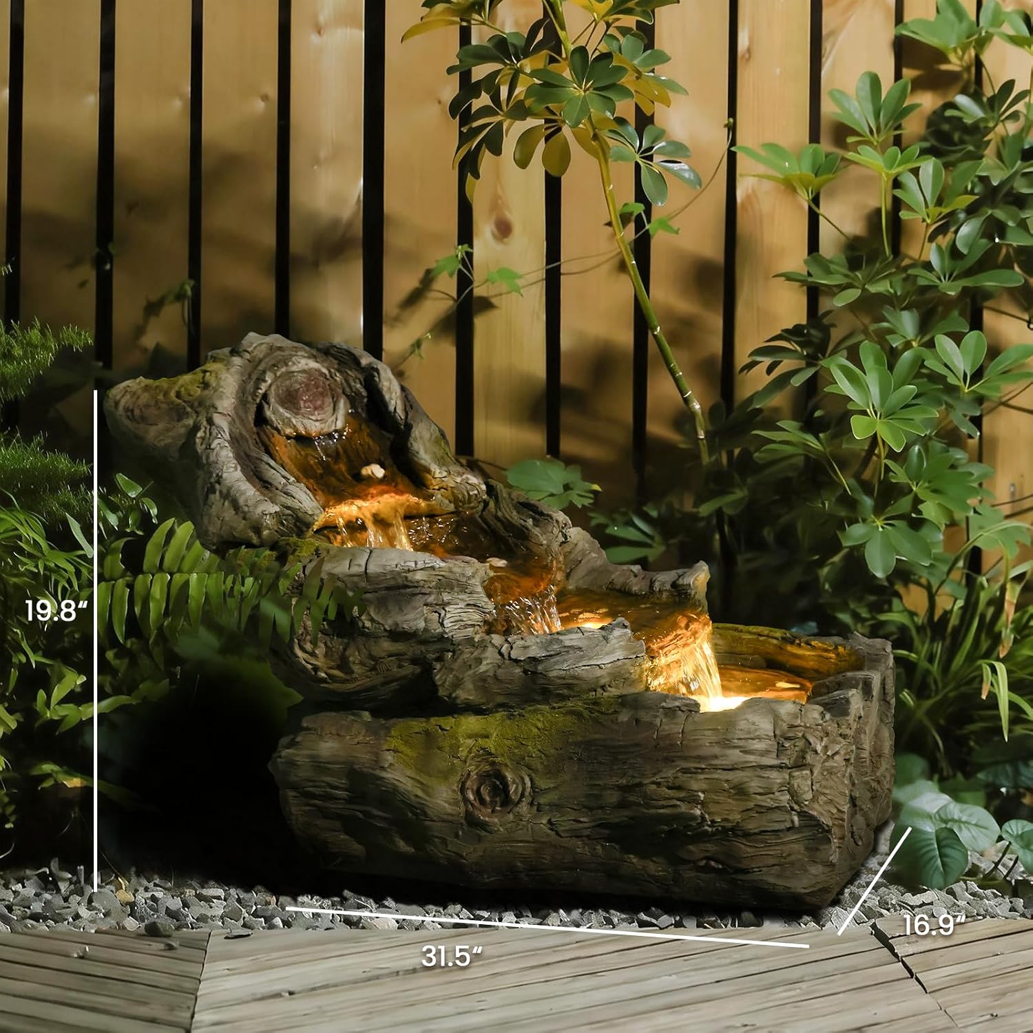 Sunlinua 31.5' L Outdoor Water Fountain with 3 Tiers Cascading Realistic Tree Trunk Waterfall Fountains with LED Lights Outdoor Water Fountain for Garden Patio Backyard Porch Home Decor