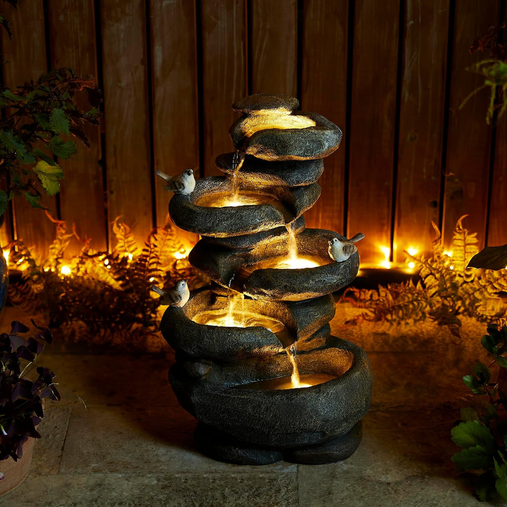 Glitzhome 5-Tier Cascading Rock Outdoor Water Fountain with LED Light & Pump, Natural Stacked Stone Look Water Fountain with Lively Birds for Garden, Patio, Porch, 23'H