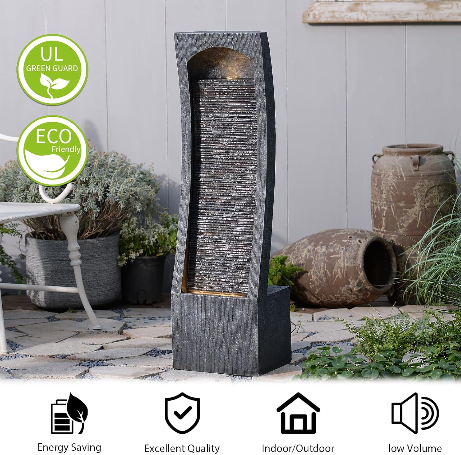 42.3' H Water Feature Outdoor Faux Slate Contemporary Waterfall Fountain Indoor for Garden, Backyard, Deck, Porch and Home Art Decor Large Outdoor Fountain with Lights