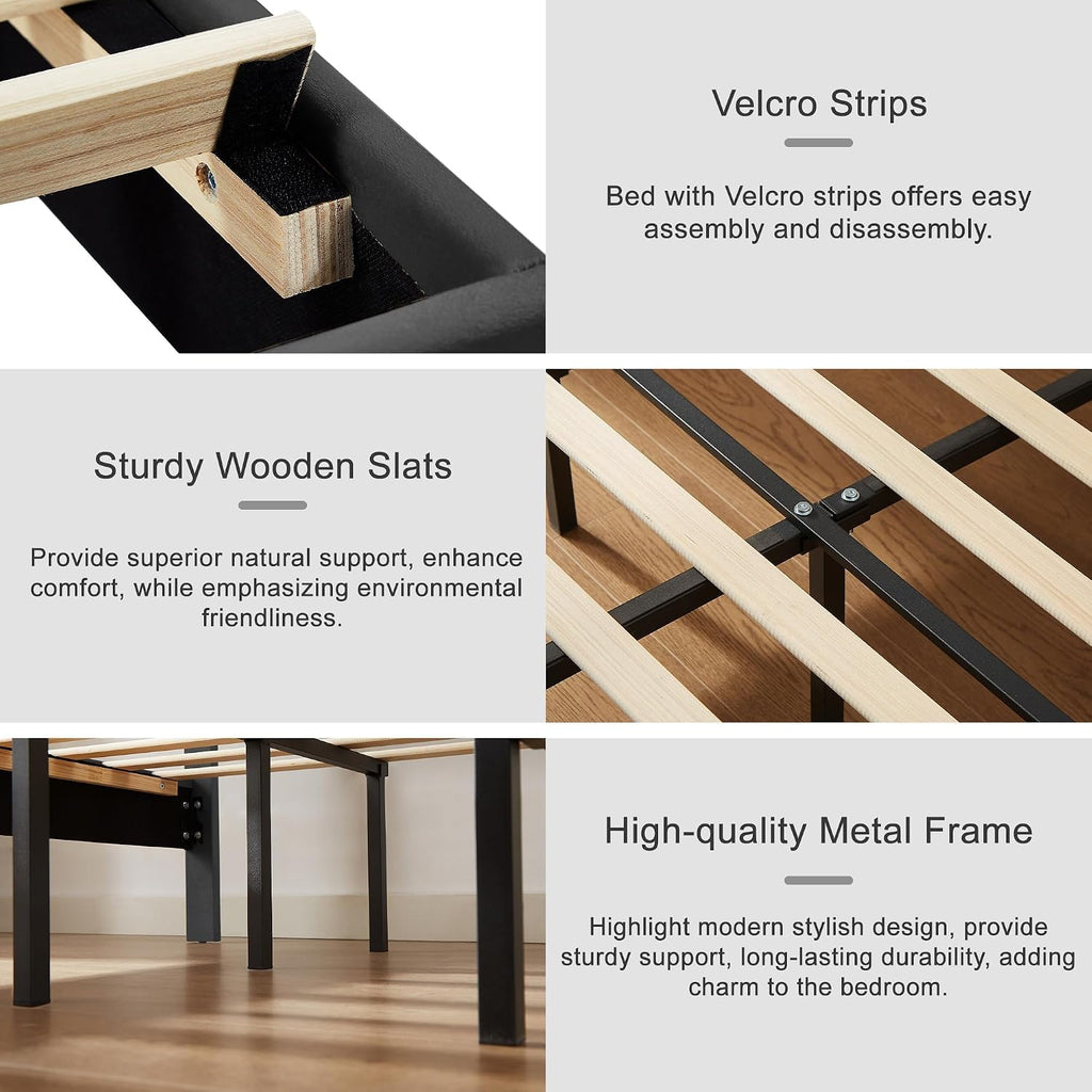 VECELO Upholstered Queen Size Bed Frame with Headboard Adjustable, LED Lights, USB-A & Type-C, Velvet Platform Bed Noise Free, Mattress Foundation with Wooden Slats, No Box Spring Needed, Dark Grey