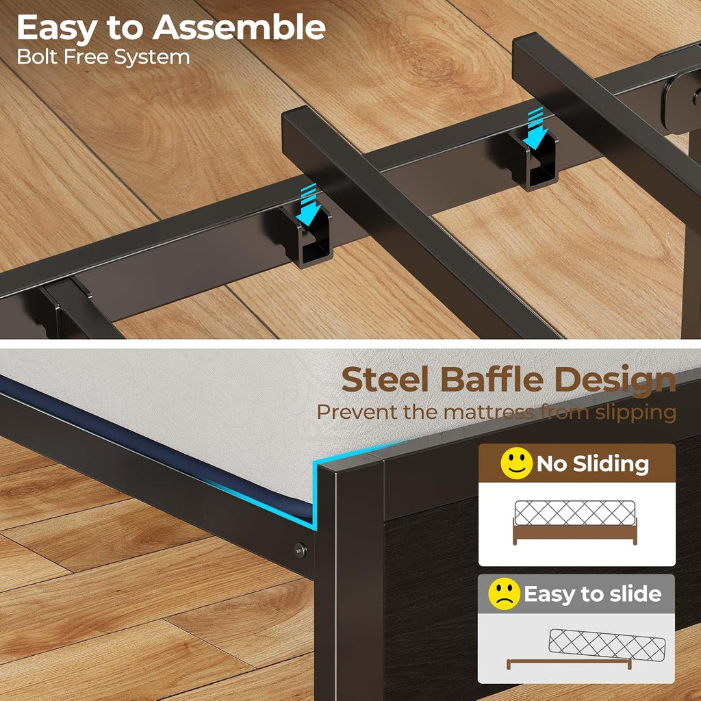 Rolanstar Queen Bed Frame with LED Lights, Upholstered Headboard, Charging Station, Storage Shelves, Heavy Duty Metal Slats, No Box Spring Needed, Noise Free, Easy Assembly, Dark Grey