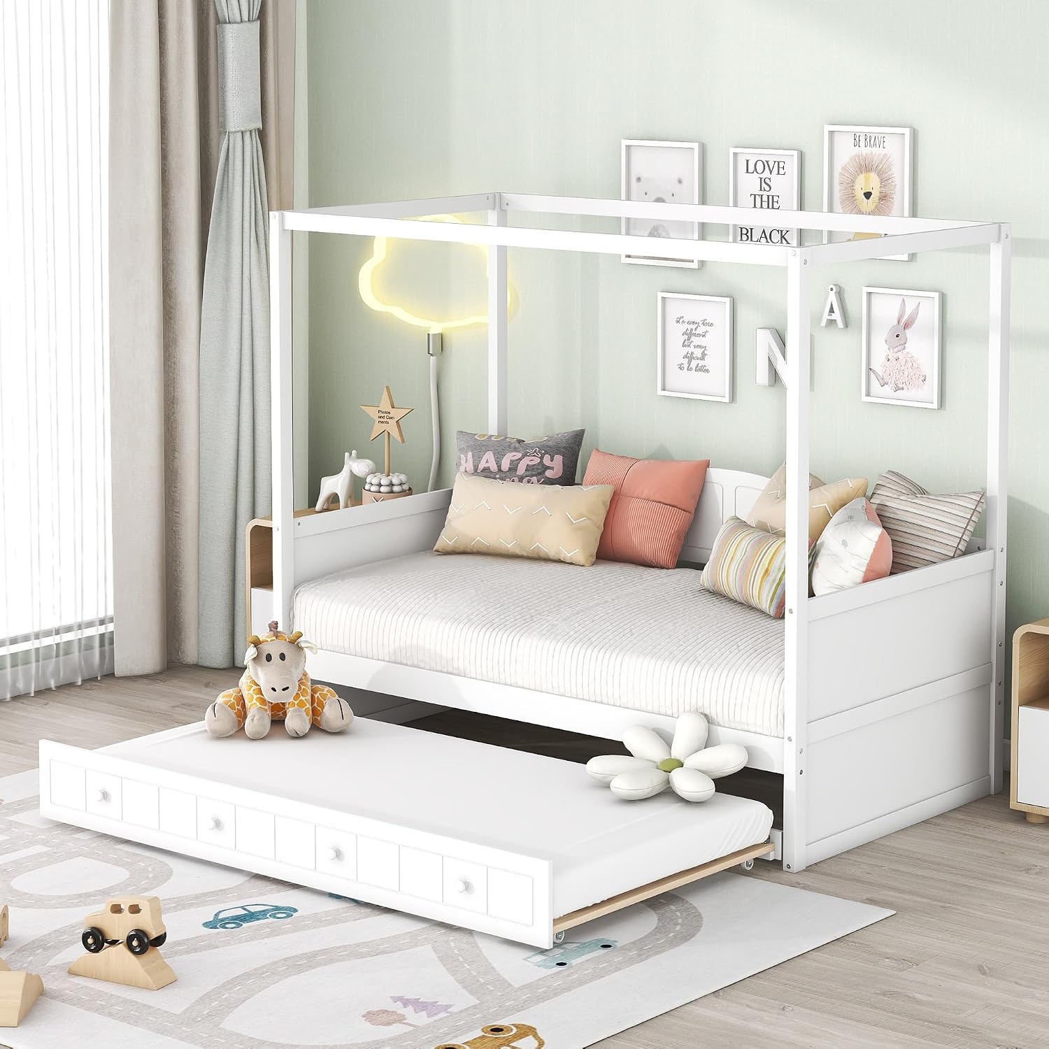 Harper & Bright Designs Twin Size Canopy Day Bed with Twin Size Trundle, White