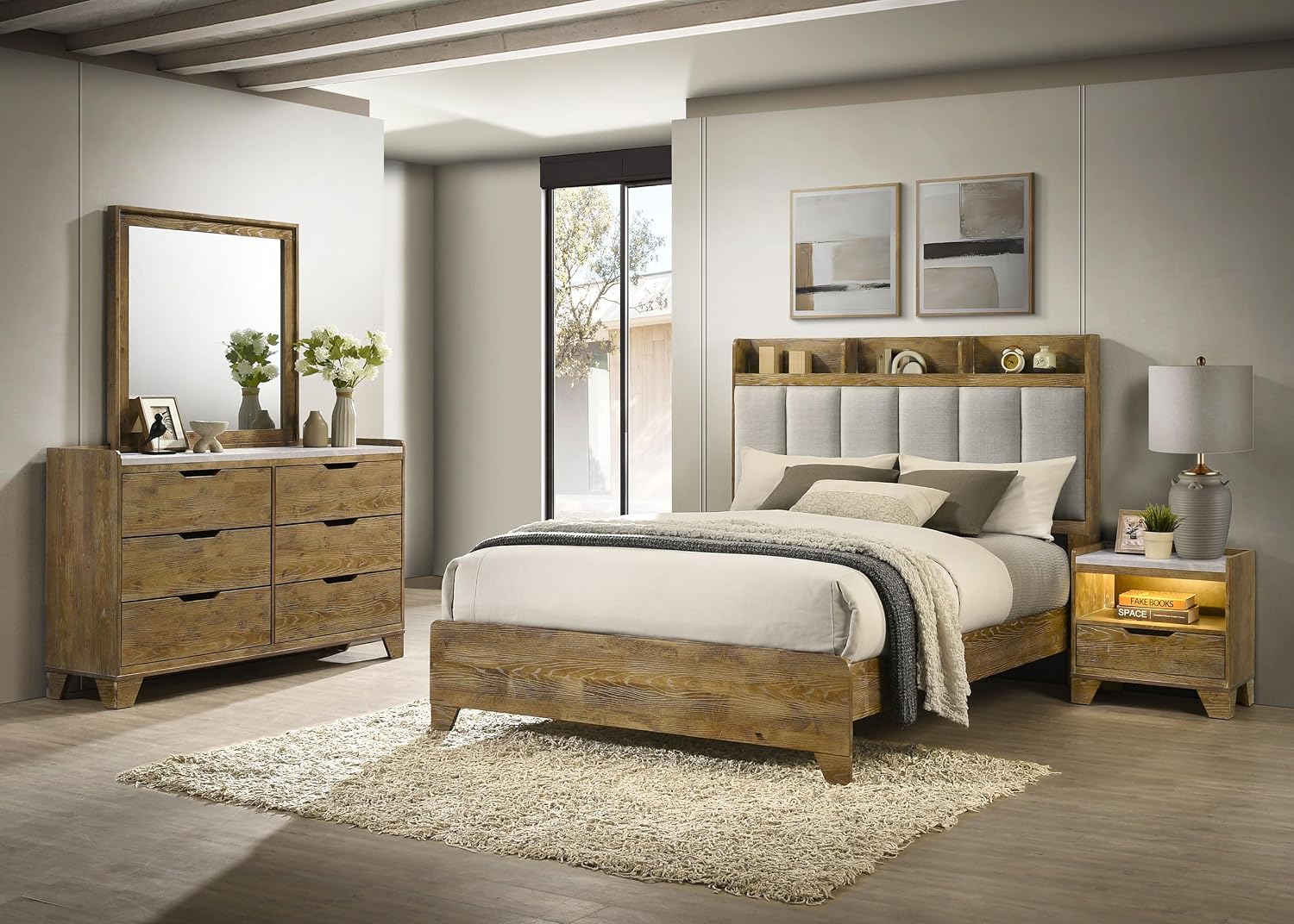 Coaster Home Furnishings - Henderson - Wood - 4-Piece Bedroom Set with Bookcase Headboard, USB Charging and Rustic Style - Bedroom - Queen Size - Medium Oak - 222971Q-S4