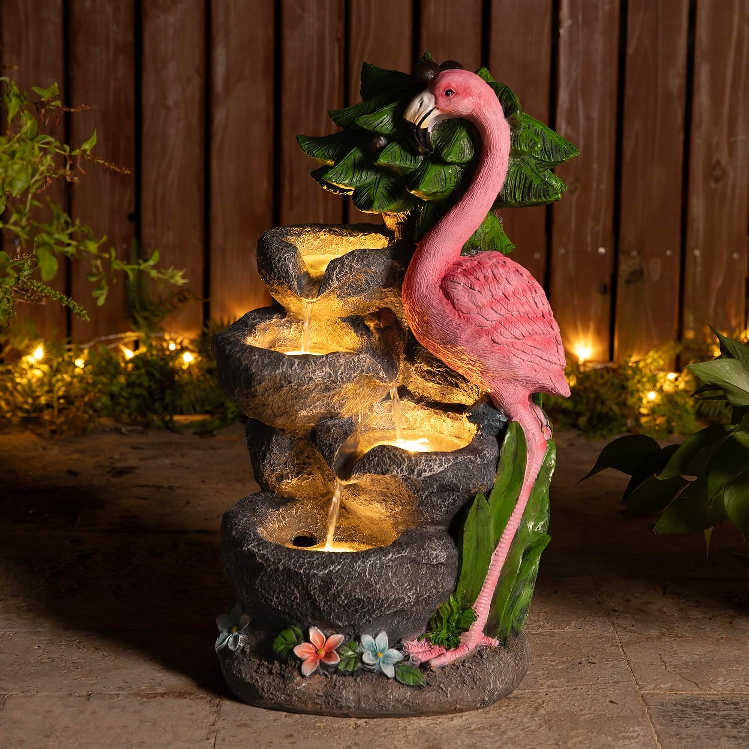 Glitzhome Outdoor Water Fountain, 4-Tiered Flamingo Outdoor Fountain with Lights, 23.5' H Polyresin Decorative Waterfall Feature Garden Fountain with Pump for Garden, Patio, Yard, Deck, Porch Decor