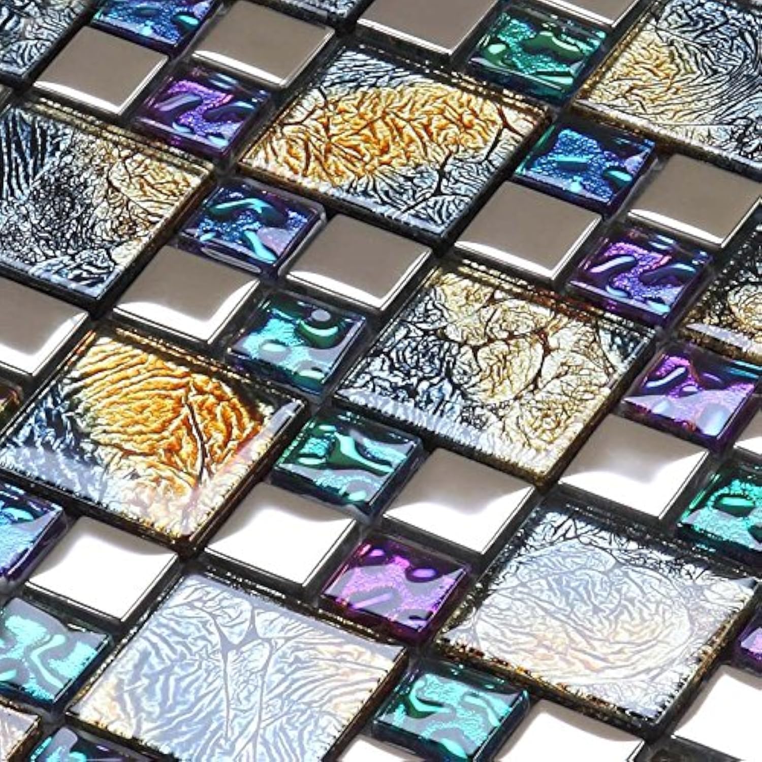 Hominter Glass Mosaic Tile Iridescent Blue, Purple & Gold Textured Chrome Metallic Wall Backsplash Sheet for Kitchen, Bathroom, Fireplace, Accent Walls (6 Square Feet)