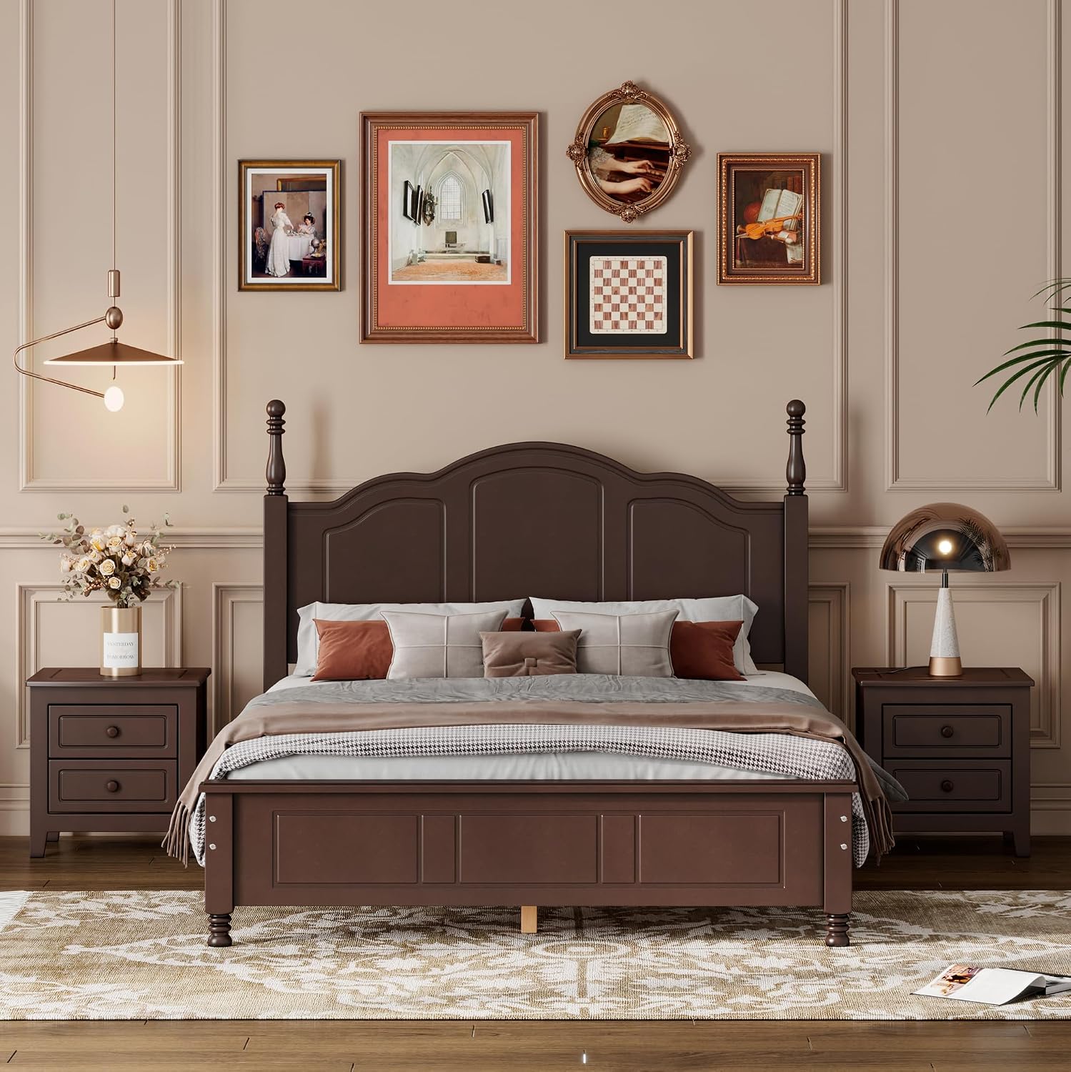 VilroCaz Retro Design 3-Pieces Bedroom Sets, Full Size Wood Platform Bed and 2 Nightstands with 2 Drawers and Sturdy Slats Support for Adults Bedroom