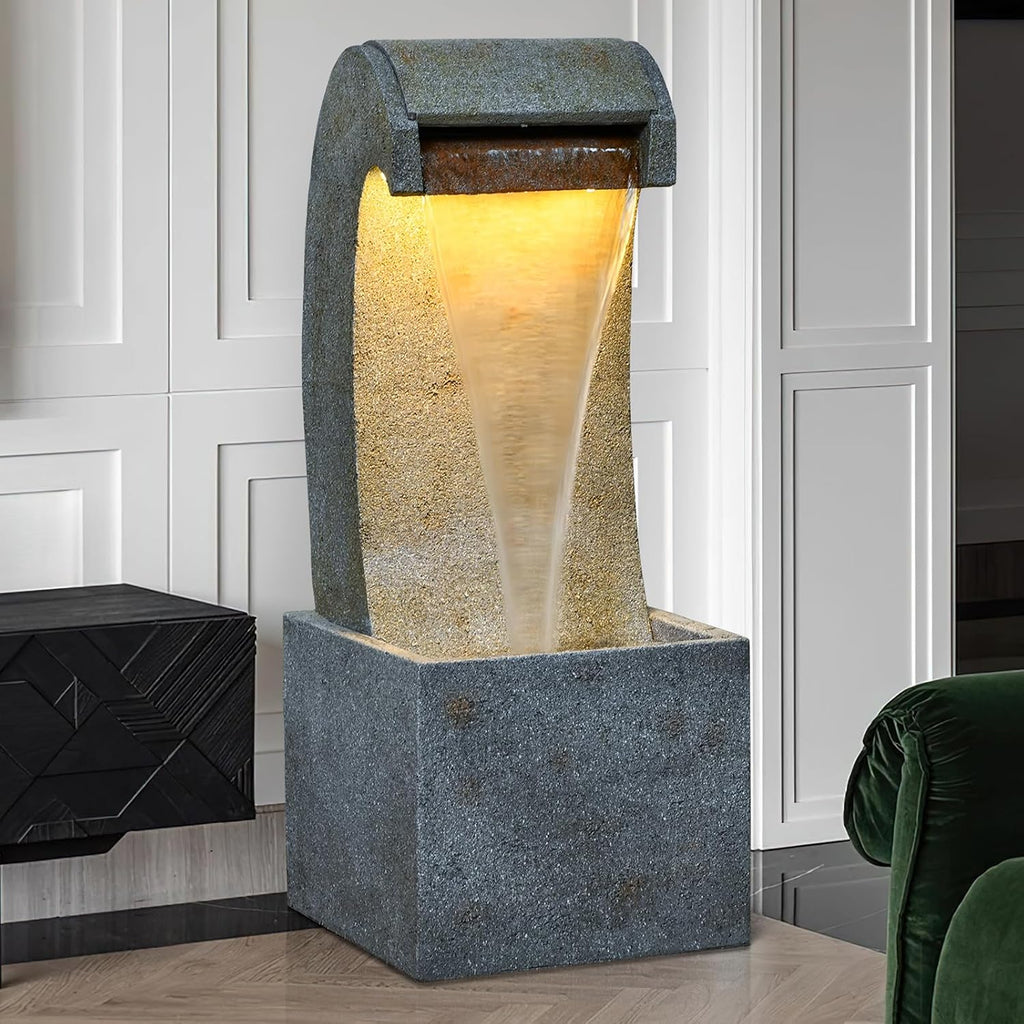 35.83'' Outdoor Garden Cascading Stone Floor-Standing Waterfall Fountain with LED Lights for Patio, Backyard, Deck, Porch and Home Art Decor