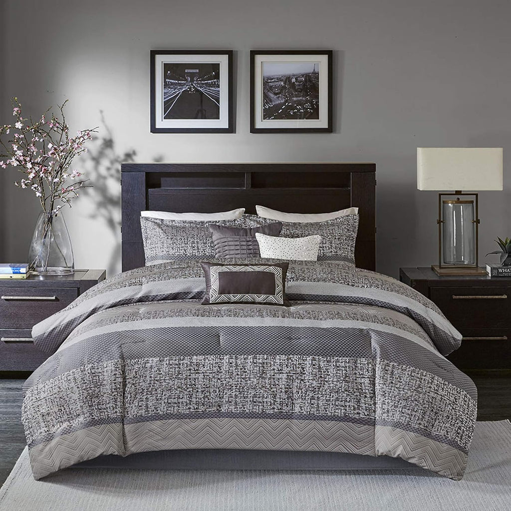 Madison Park Luxury Comforter Set-Traditional Jacquard Design All Season Down Alternative Bedding, Matching Bedskirt, Decorative Pillows, Queen(90'x90'), Rhapsody, Striped Grey/Taupe 7 Piece
