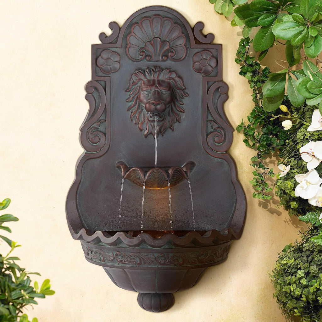 Royal Lion Head 31 1/2' High Large Rustic Indoor Outdoor Decor Bronze Wall Fountain with Light LED Statue Waterfall Tiered Basin Water Feature for Outside Garden Patio Yard Backyard - John Timberland
