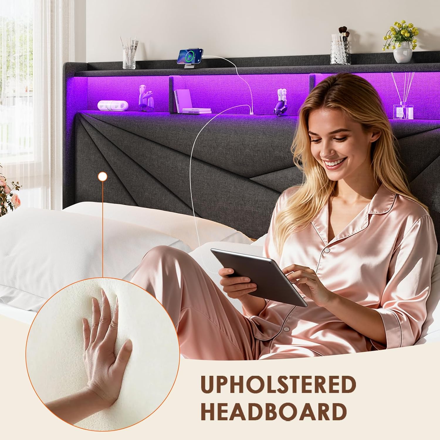 Driftalia Full Size Bed Frame with 2-Tier Storage Headboard, Upholstered Full Bed Frame with 2 Drawers, Charging Station and LED Lights, No Box Spring Needed, Easy Assembly - Dark Grey