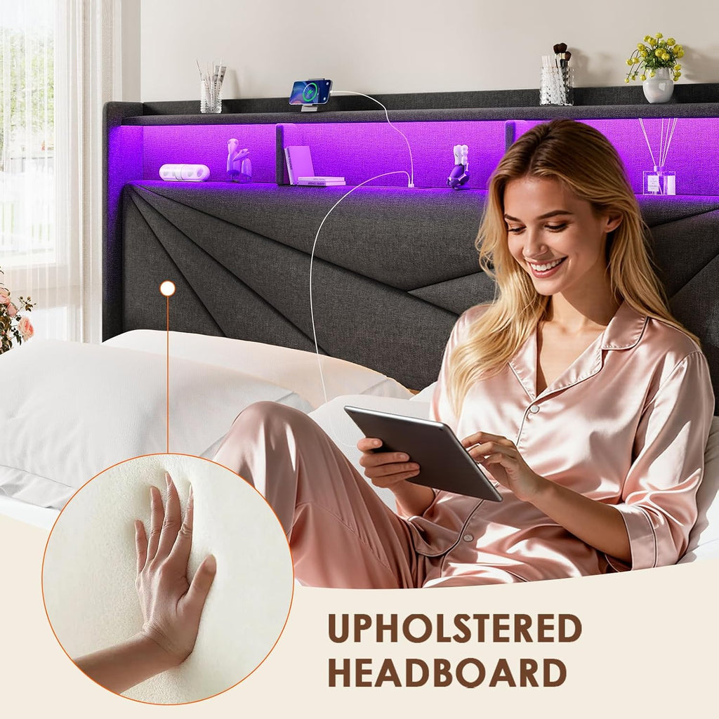 Driftalia Queen Bed Frame with 2-Tier Storage Headboard, Upholstered Bed Frame Queen Size with 2 Drawers, Charging Station and LED Lights, No Box Spring Needed, Easy Assembly - Dark Grey