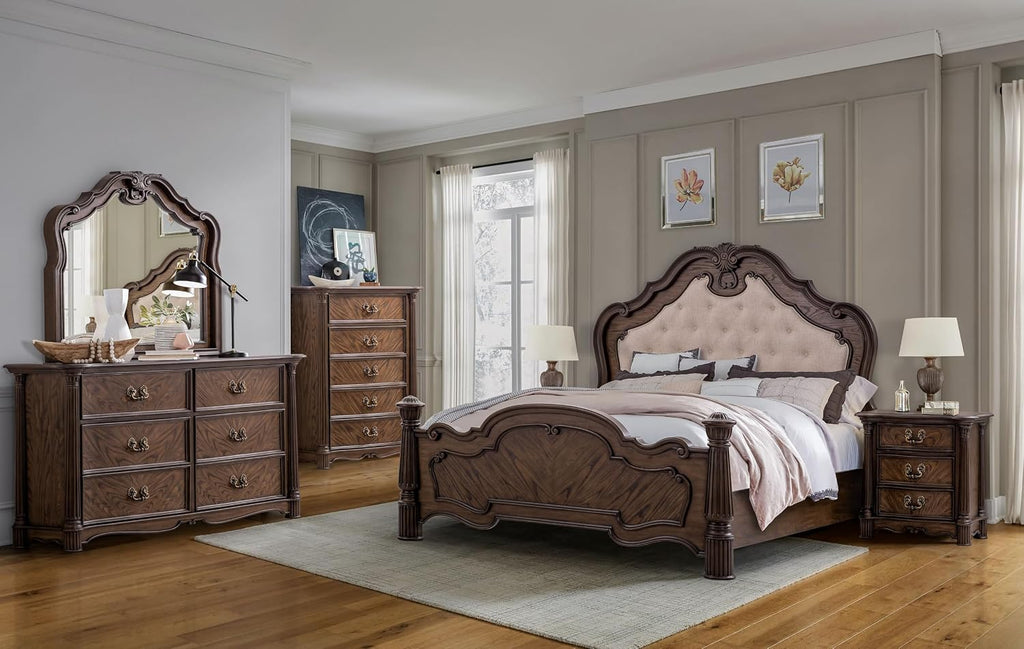 First of a Kind Traditional Wood Bedside Table Nicole Collection Rich Walnut Finish Classic European Design Bedside Table Carved Detailing Elegant Coordinated Furniture Piece