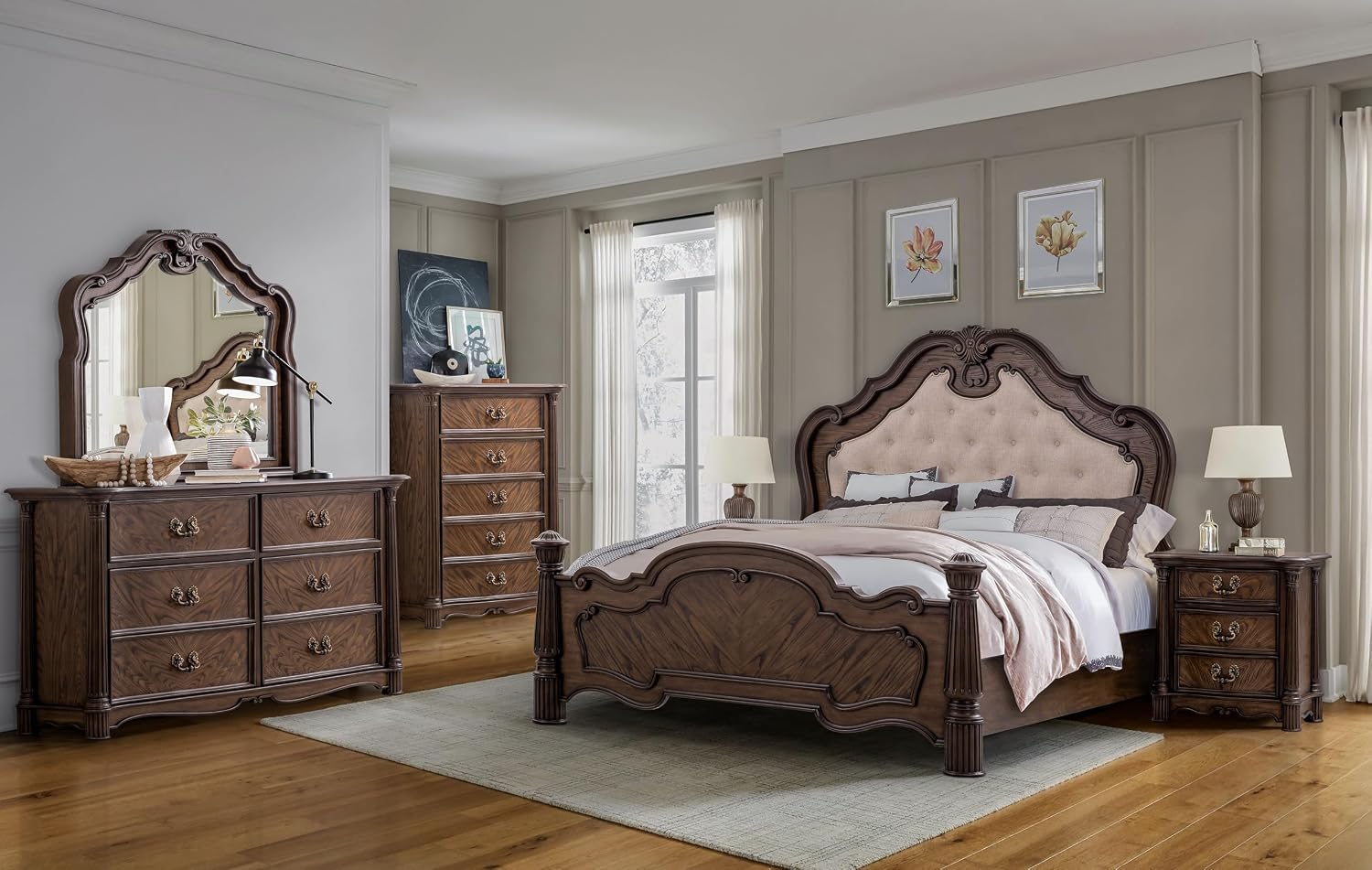 First of a Kind Traditional Wood Bedside Table Nicole Collection Rich Walnut Finish Classic European Design Bedside Table Carved Detailing Elegant Coordinated Furniture Piece