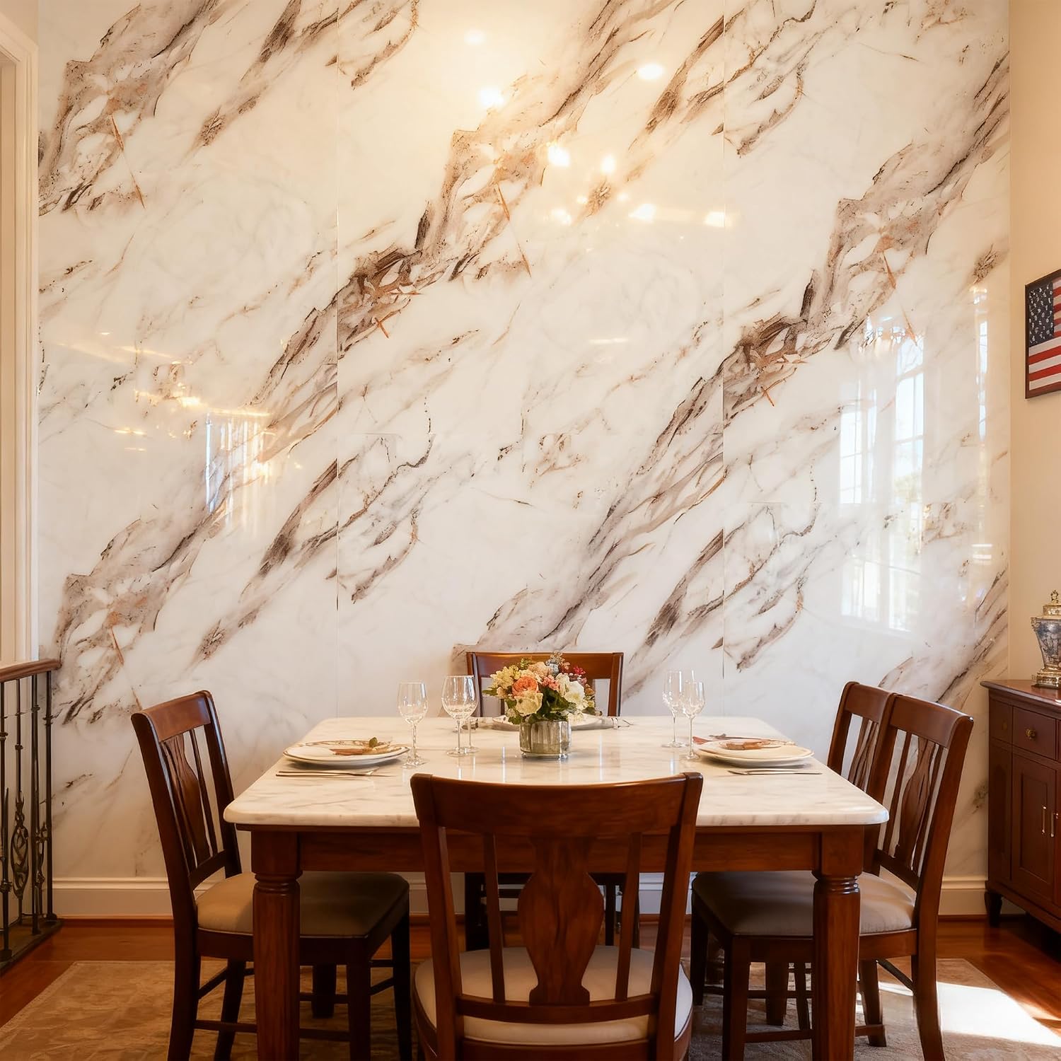 Brown Carrara Marble Peel and Stick Wallpaper, Glossy Texture Vinyl Wall Panels, Waterproof Renter Friendly, 23.6' x 394', TV Accent Wall, Bathroom, Foyer, Coffee Shop Decor