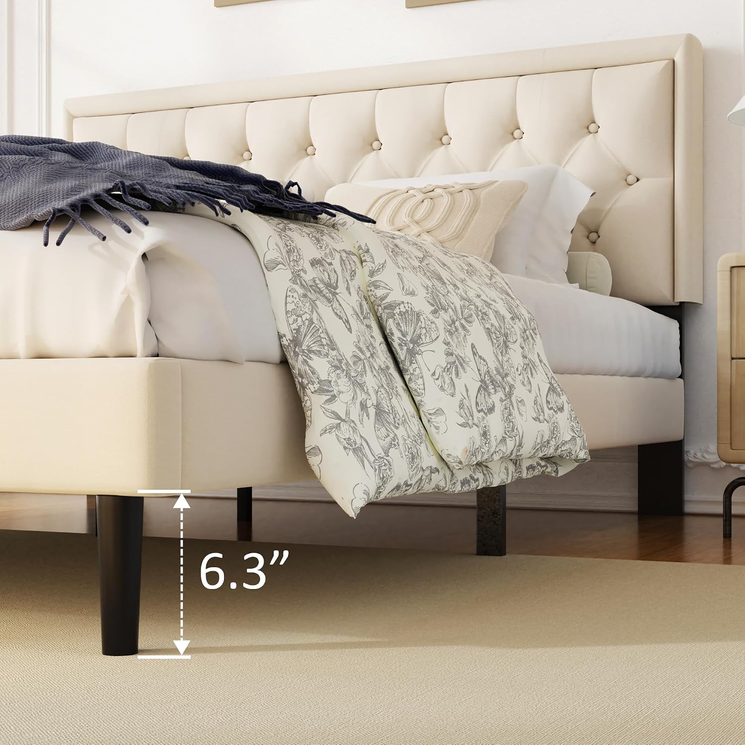 CXVX King Size Platform Bed Frame with Upholstered Velvet Button Tufted Headboard, Mattress Foundation with Wooden Slat Support, No Box Spring Needed, Easy Assembly, Noise Free, Beige