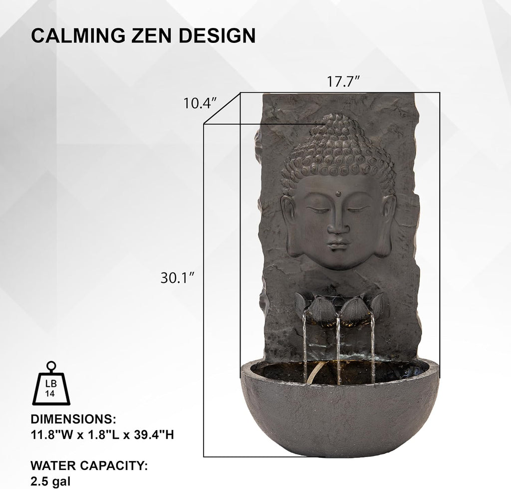 XBrand 30 in H Buddha Zen Indoor/Outdoor Wall Water Fountain, Cascading Resin Garden Fountain with Warm LED Light, Soothing Water Feature for Patio, Porch, Backyard or Meditation Decor, Black