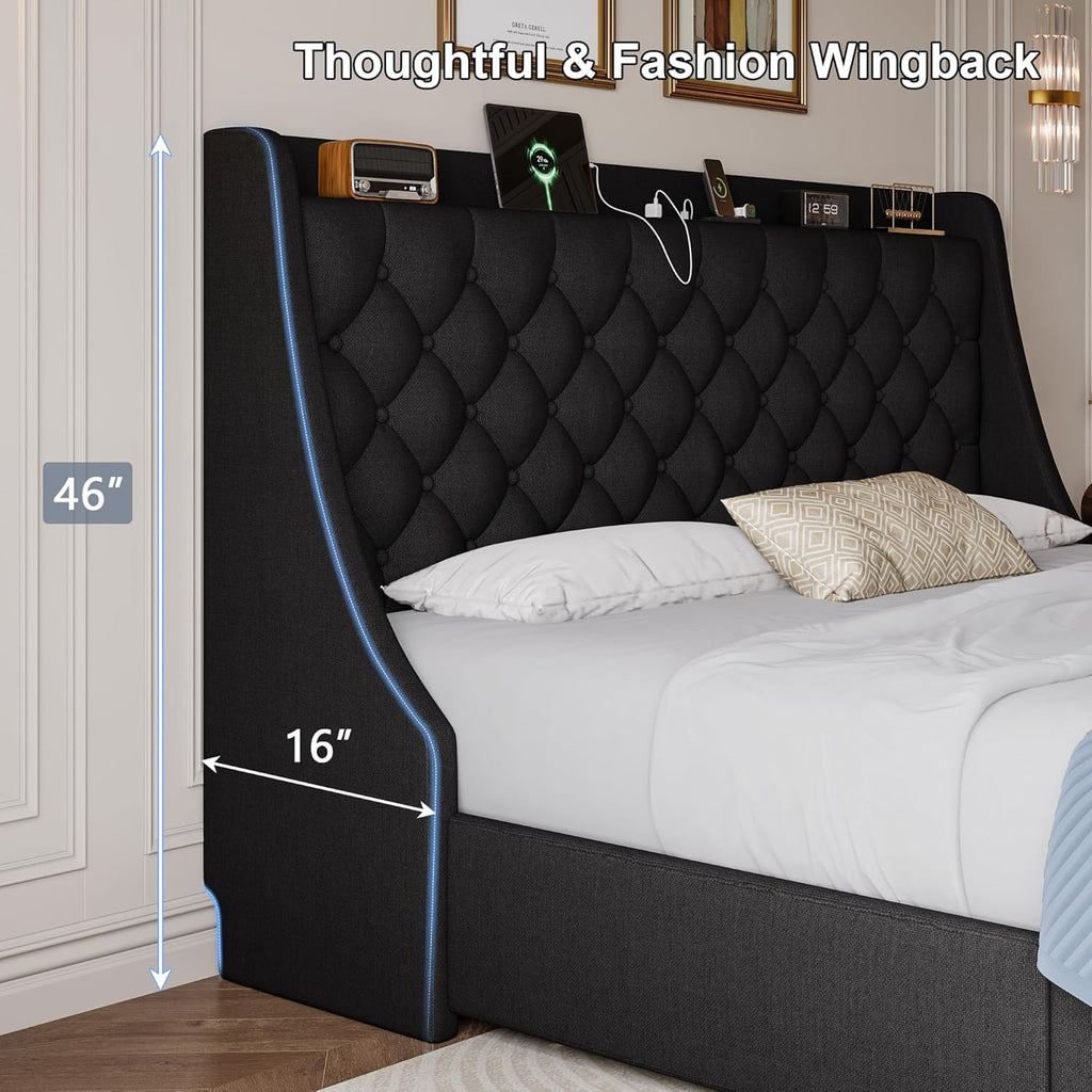 Bed Frame King Size with 4 Storage Drawers & Charging Station, Linen Upholstered Platform Bed with Button Tufted Wingback Headboard, Sturdy Wooden Support Slats, No Box Spring Needed, Black