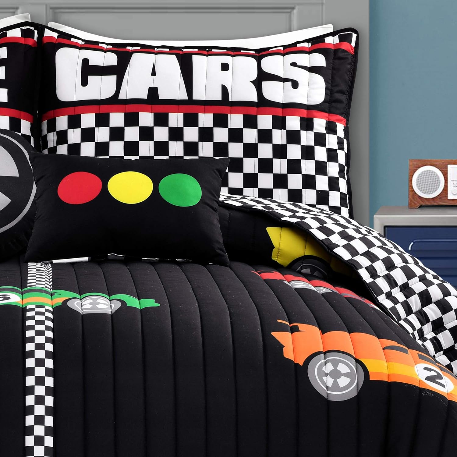 Lush Decor Racing Cars Reversible Quilt Queen Size 5 Piece Set Full/Queen Black & Multi - Kids Bedding Set Queen Quilt - Car Decor