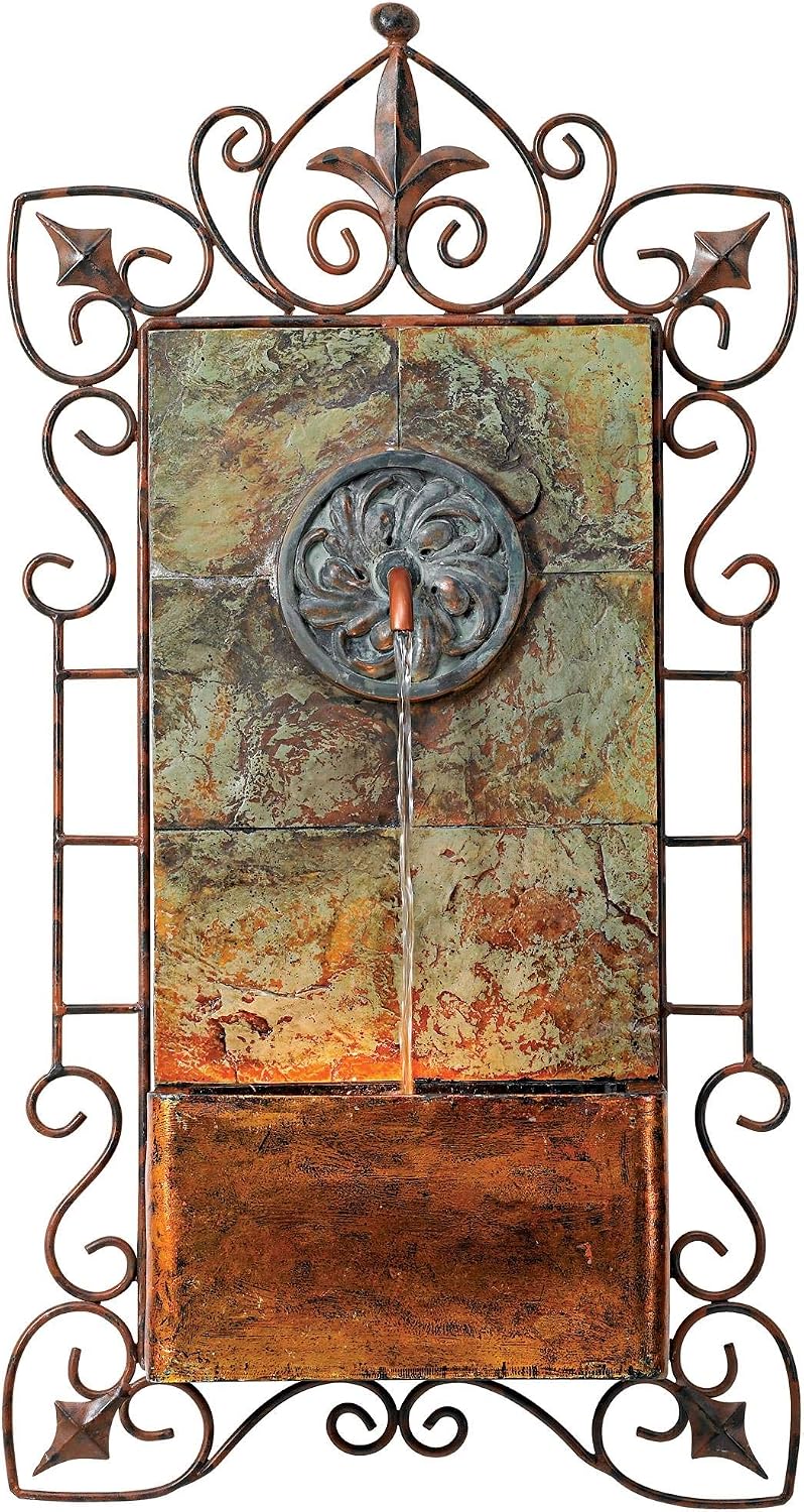 Ibizi 33' High Large Rustic Traditional Indoor Outdoor Decor Faux Stone Wall Fountain with Light LED Waterfall Iron Scroll Water Feature for Outside Garden Patio Yard Backyard Porch - John Timberland