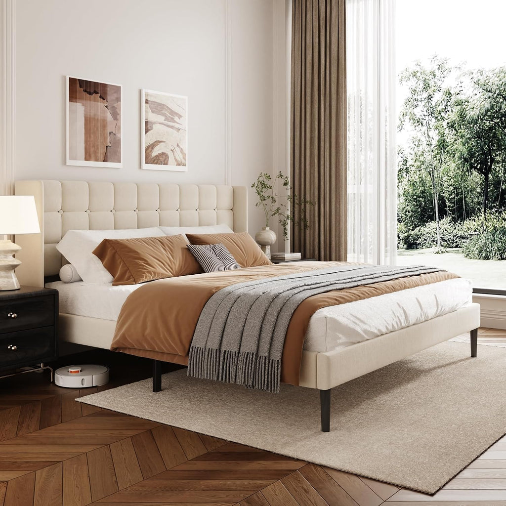 King Size Bed Frame with Wingback Headboard, Velvet Upholstered Platform Bed Frame with Button Tufted Headboard, Wooden Slats Support, No Box Spring Needed, Noise Free, Easy Assembly, Beige