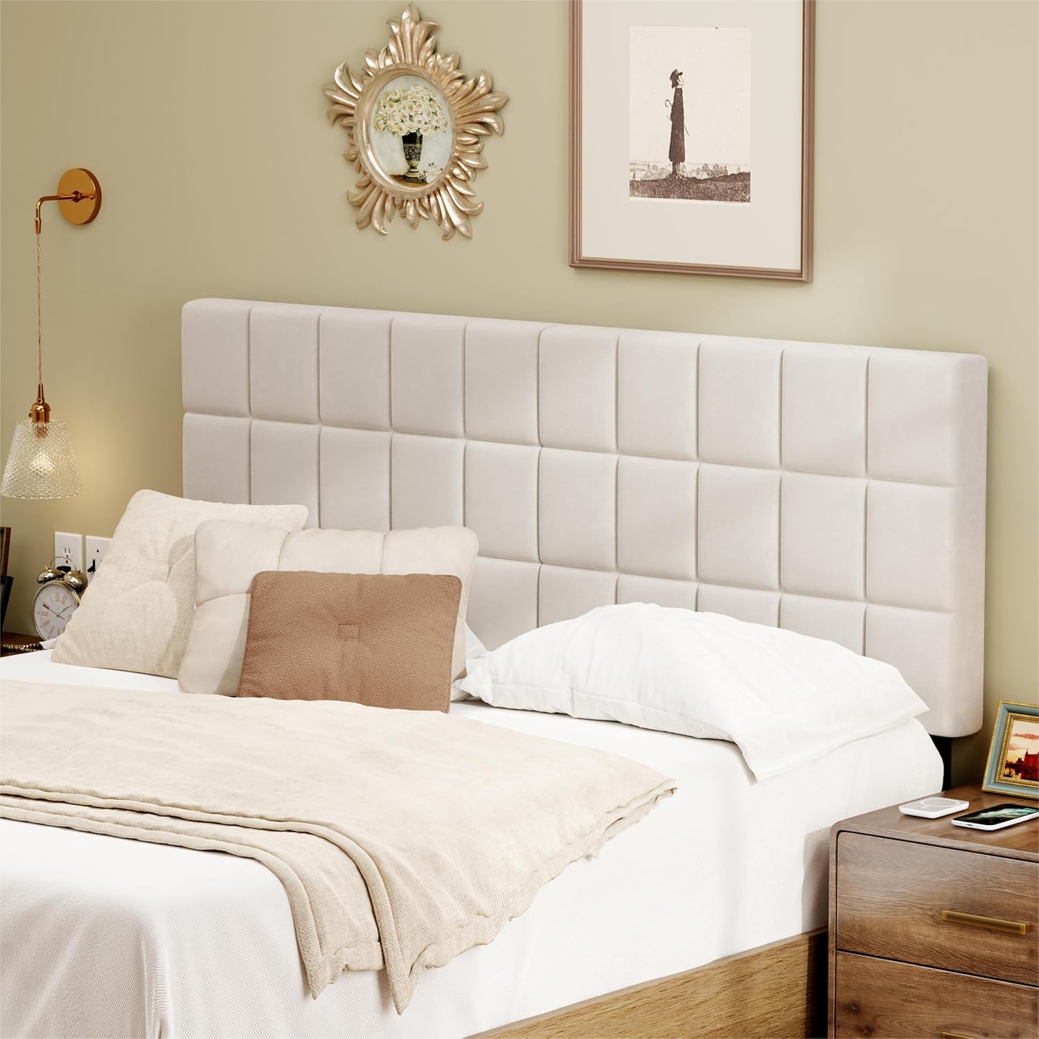 Andeworld Velvet Upholstered Tufted King Size Headboard,Wood Head Board with Metal Legs, Adjustable Height from 42' to 56', Bed Headboard in Modern Design,Backboard for Bed, Beige