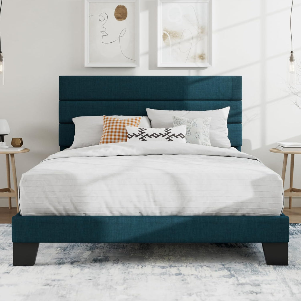 SHA CERLIN Queen Platform Bed Frame with Upholstered Fabric Headboard, Mattress Foundation with Strong Wooden Slats Support, No Box Spring Needed, Blue