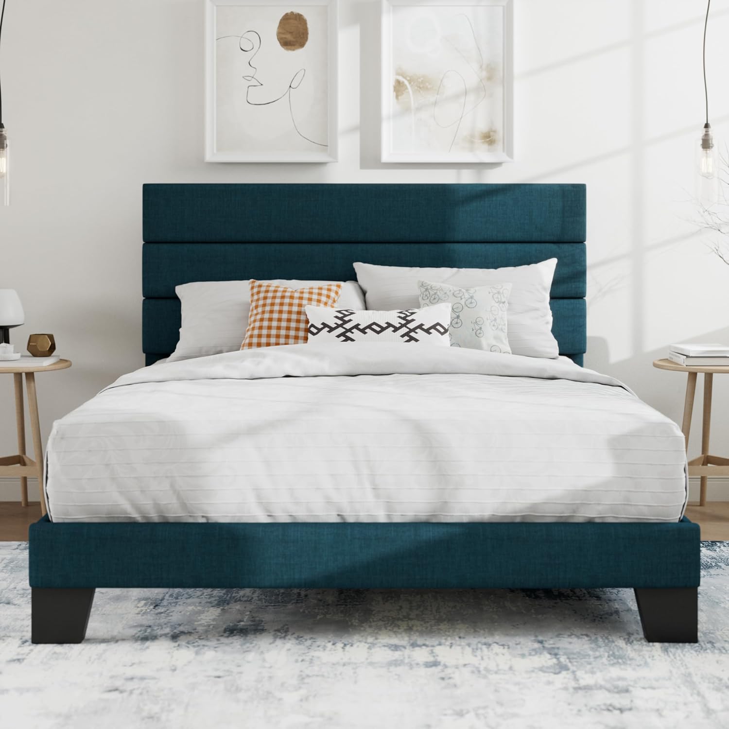 SHA CERLIN Queen Platform Bed Frame with Upholstered Fabric Headboard, Mattress Foundation with Strong Wooden Slats Support, No Box Spring Needed, Blue