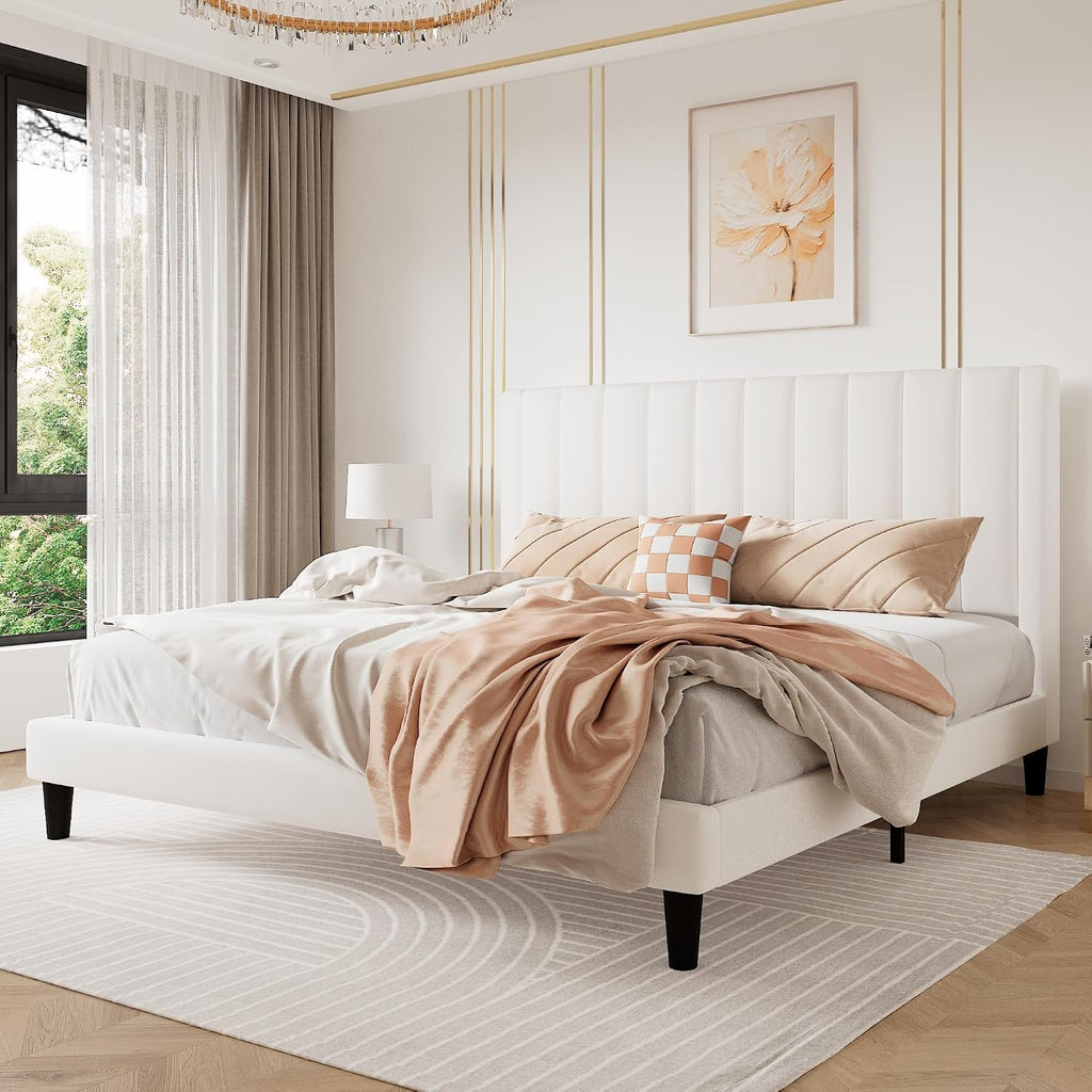 SHA CERLIN King Bed Frame/Velvet Upholstered Platform Bed Frame with Headboard/Strong Wood Slats Support/Mattress Foundation/No Box Spring Needed/Easy Assembly/White