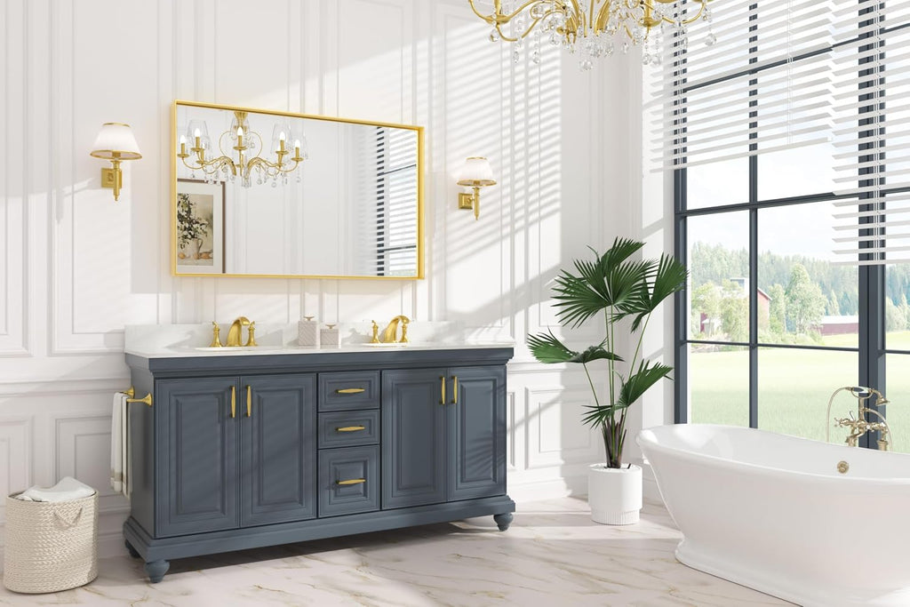 Keonjinn Gold Bathroom Mirror 48 x 30 Inch, Large Gold Trimmed Wall Mirror, Metal Framed Mirrors for Over Sink, Modern Farmhouse Rectangle Vanity Mirrors(Horizontal/Vertical)