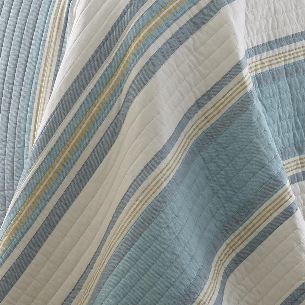 Levtex Home - Kailua Quilt Set - Queen Quilt + Two Standard Pillow Shams - Stripe - Blue Teal Taupe Cream - Quilt (88x92in.) and Pillow Shams (26x20in.) - Reversible - Cotton Fabric