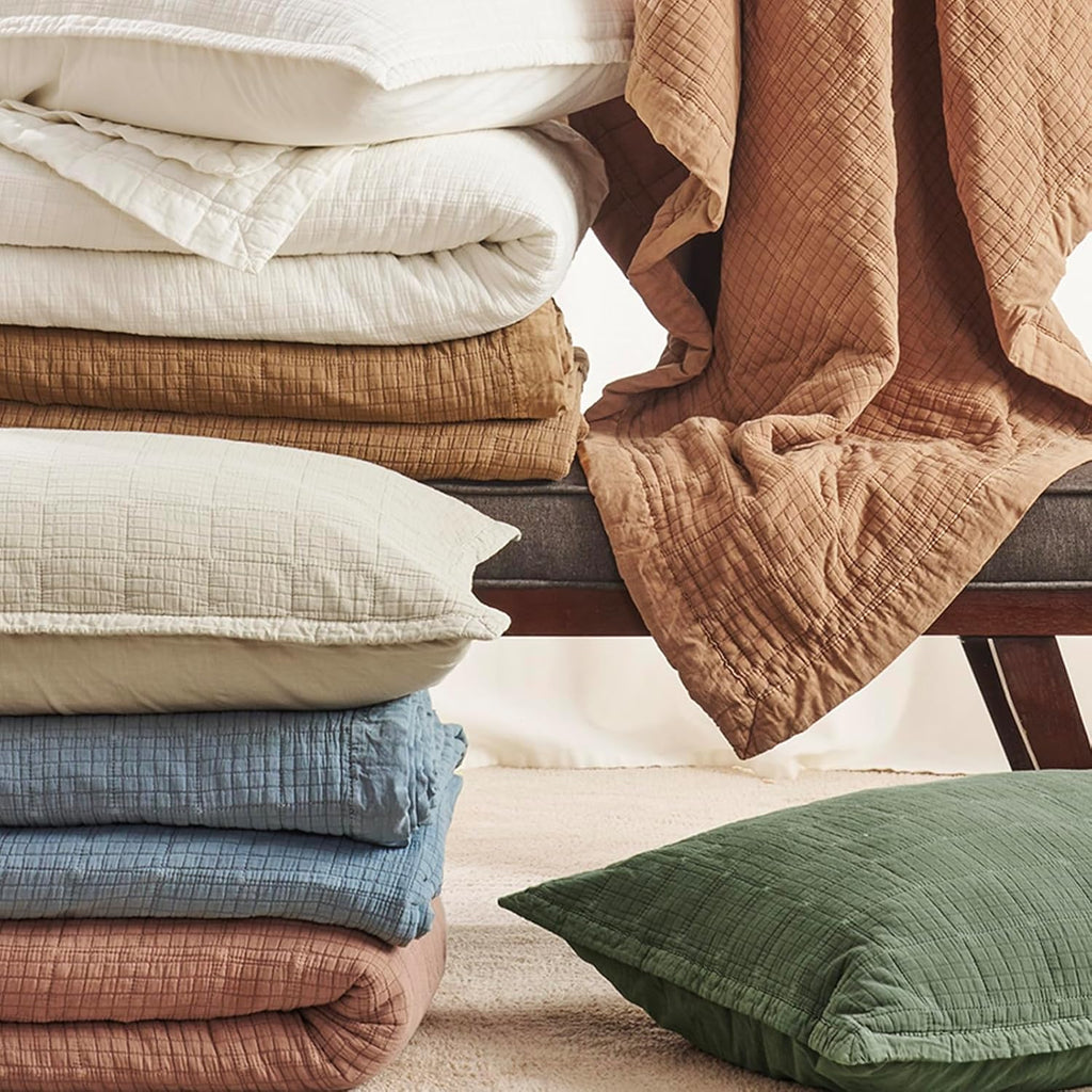 EVERGRACEHOME Stonewashed Cotton Quilt Set King Size, Ultra Soft Oversized Bedspread Coverlet Set, Lightweight Crinkle Box Stitch Bedding Sets for All Season, with 2 Shams, Flax Beige