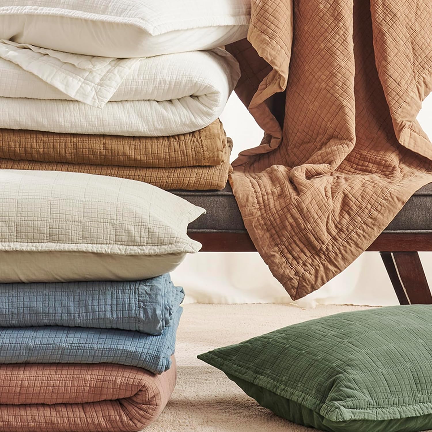 EVERGRACEHOME Stonewashed Cotton Quilt Set King Size, Ultra Soft Oversized Bedspread Coverlet Set, Lightweight Crinkle Box Stitch Bedding Sets for All Season, with 2 Shams, Flax Beige
