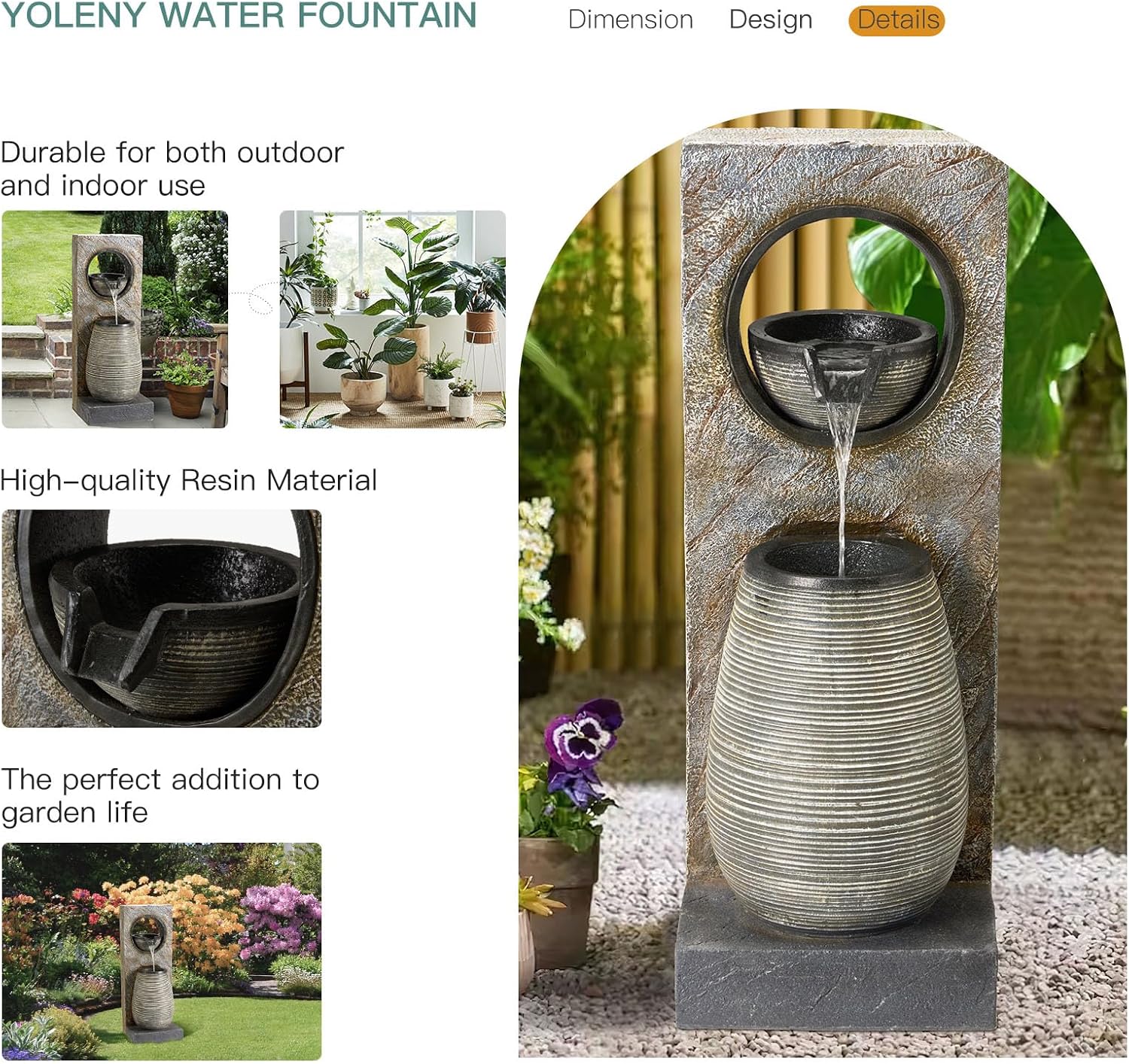 YOLENY Tall Outdoor Fountain with LED Lights, 39.7'' H Water Fountain Modern, Outdoor Freestanding Fountains for Garden Yard Home Decor