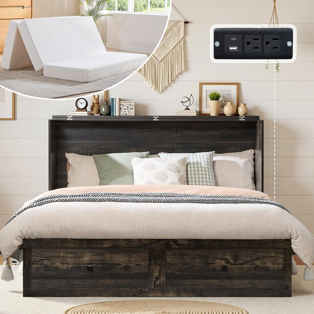 LUXOAK Full Murphy Bed with 6' White Tri-Fold Memory Foam Mattress, Storage Drawer & Charging Station, Space-Saving Design for Home Office or Guest Room, Black Oak