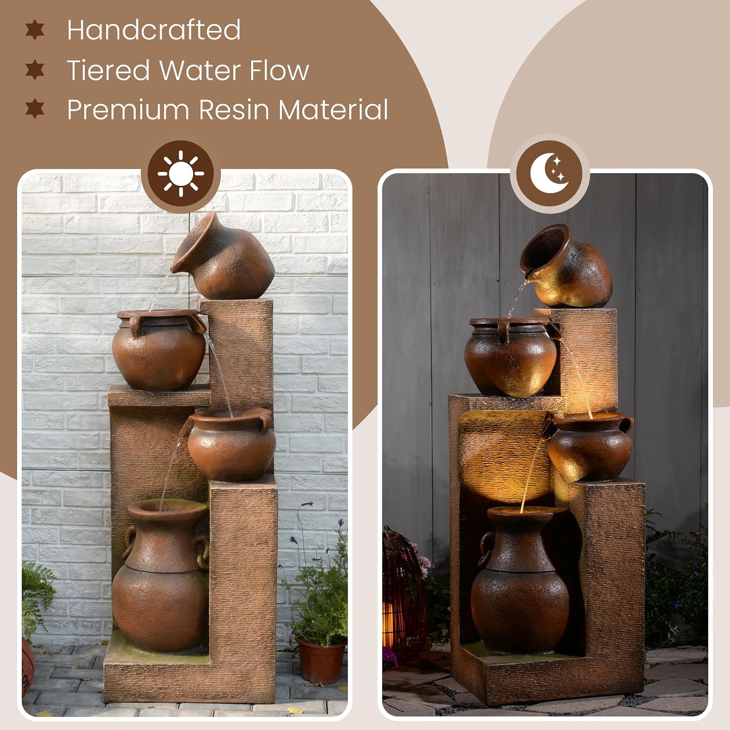 Resin Outdoor Water Fountain 4-Tier Jar Waterfall - Quiet Pump, LED Lights, Rustic Jar Cascading Water Feature for Garden Patio Backyard Decor, 53' H Fountain, Gold
