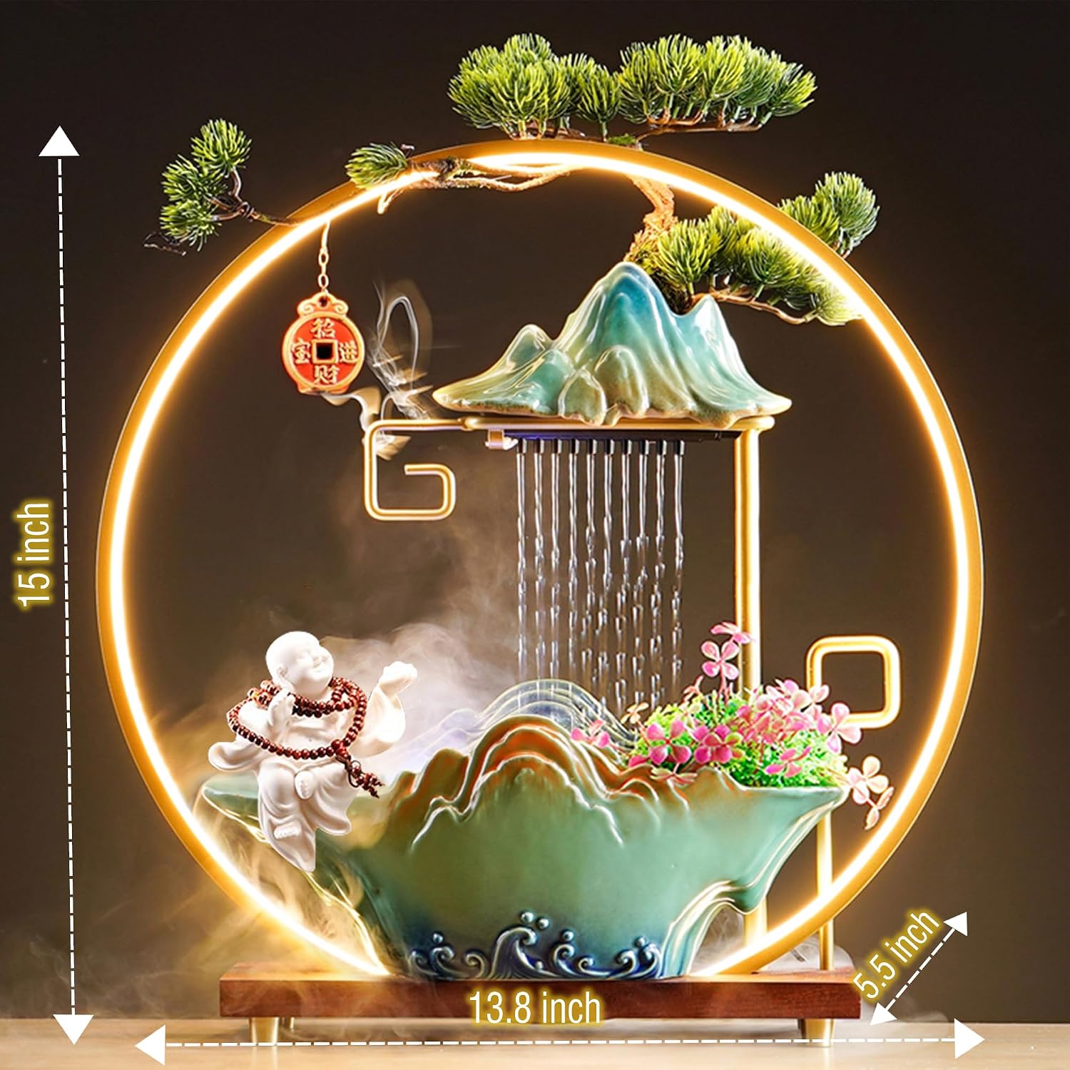 Tabletop Water Fountains Indoor Waterfall Desktop Fountain for Meditation with Mist Japanese Fountain with Fake Plants Feng Shui Office Home Decor for Good Luck Wealth (Buddha)