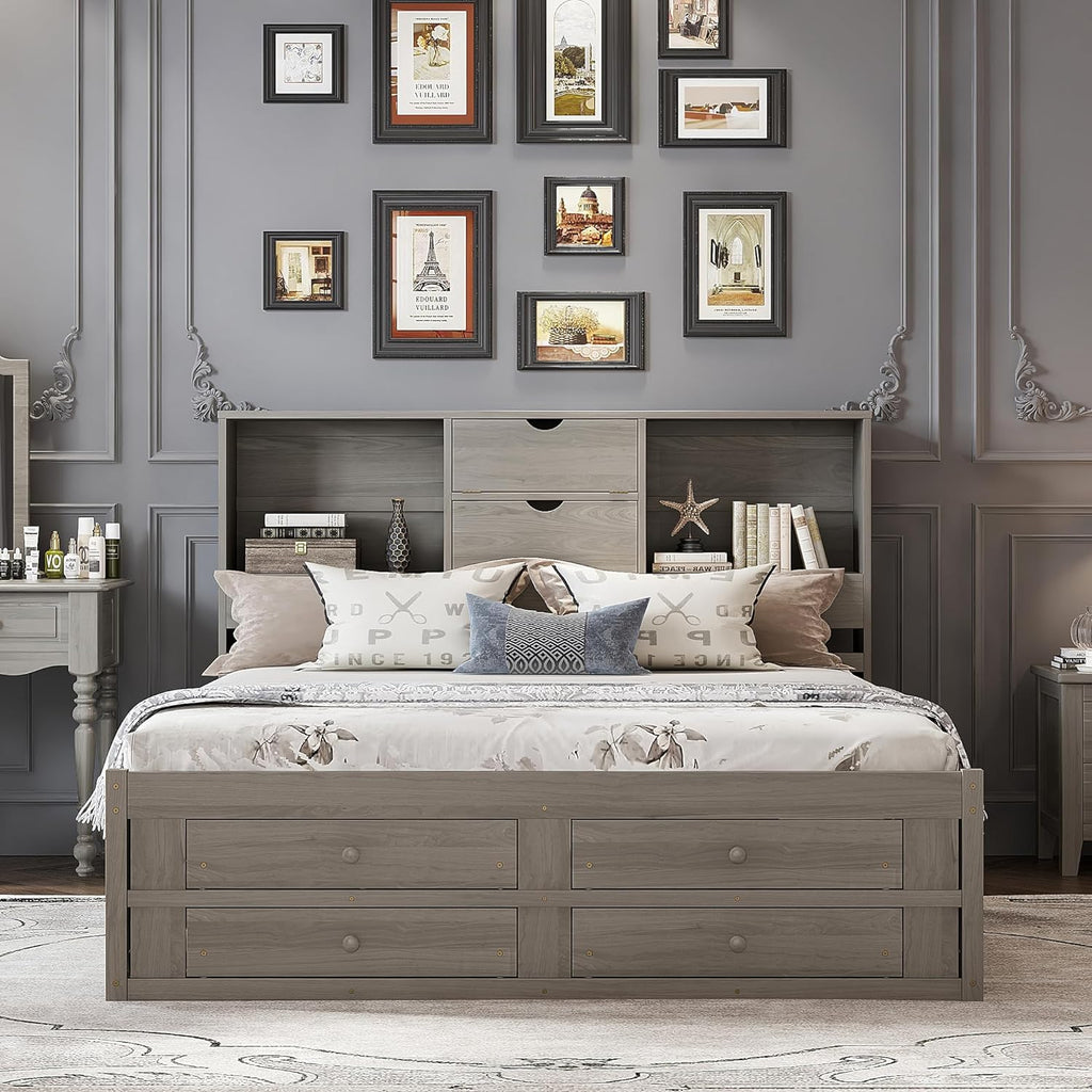 VilroCaz Wood King Size Platform Bed with Storage Headboard, Modern Platform Bed Captain's Bed Frame with 8 Drawers, Sturdy Slats Support, Maximize Space (Grey-M3, King)