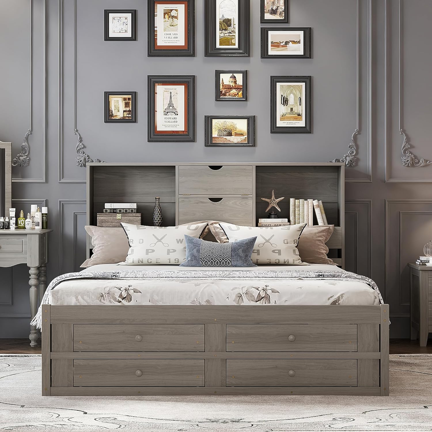 VilroCaz Wood King Size Platform Bed with Storage Headboard, Modern Platform Bed Captain's Bed Frame with 8 Drawers, Sturdy Slats Support, Maximize Space (Grey-M3, King)