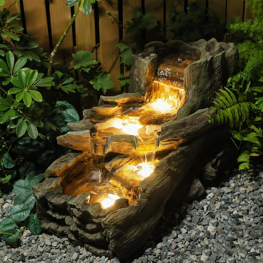 Sunlinua 34.25' L Outdoor Water Fountain with 3 Tiers Large Cascading Realistic Tree Trunk Waterfall Fountains with LED Lights Outdoor Water Fountain for Garden Patio Backyard Porch Home Decor