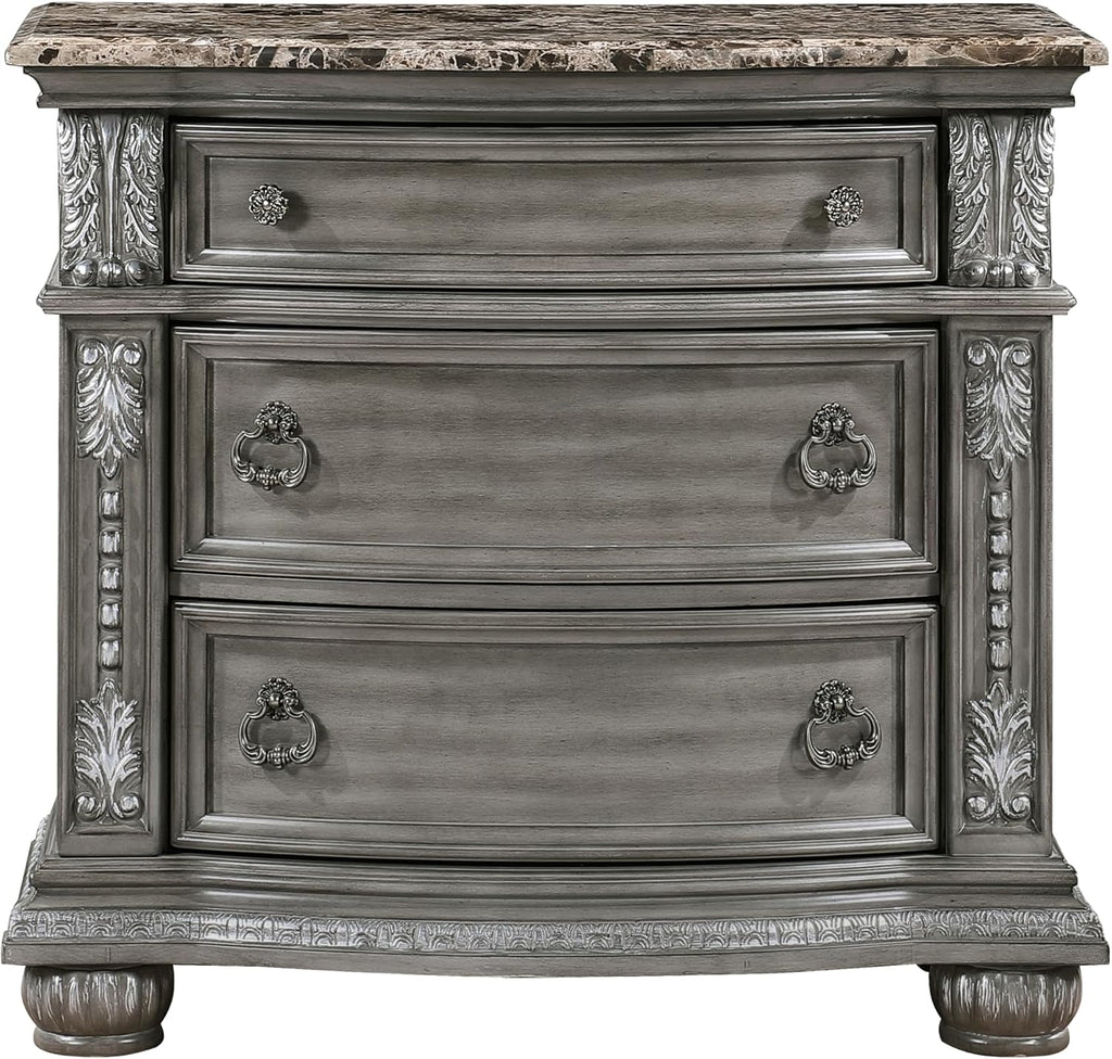 Traditional Style 5-Piece Queen Size Formal Bed Set Gray Finish Carving Wood Luxury Bedroom Furniture